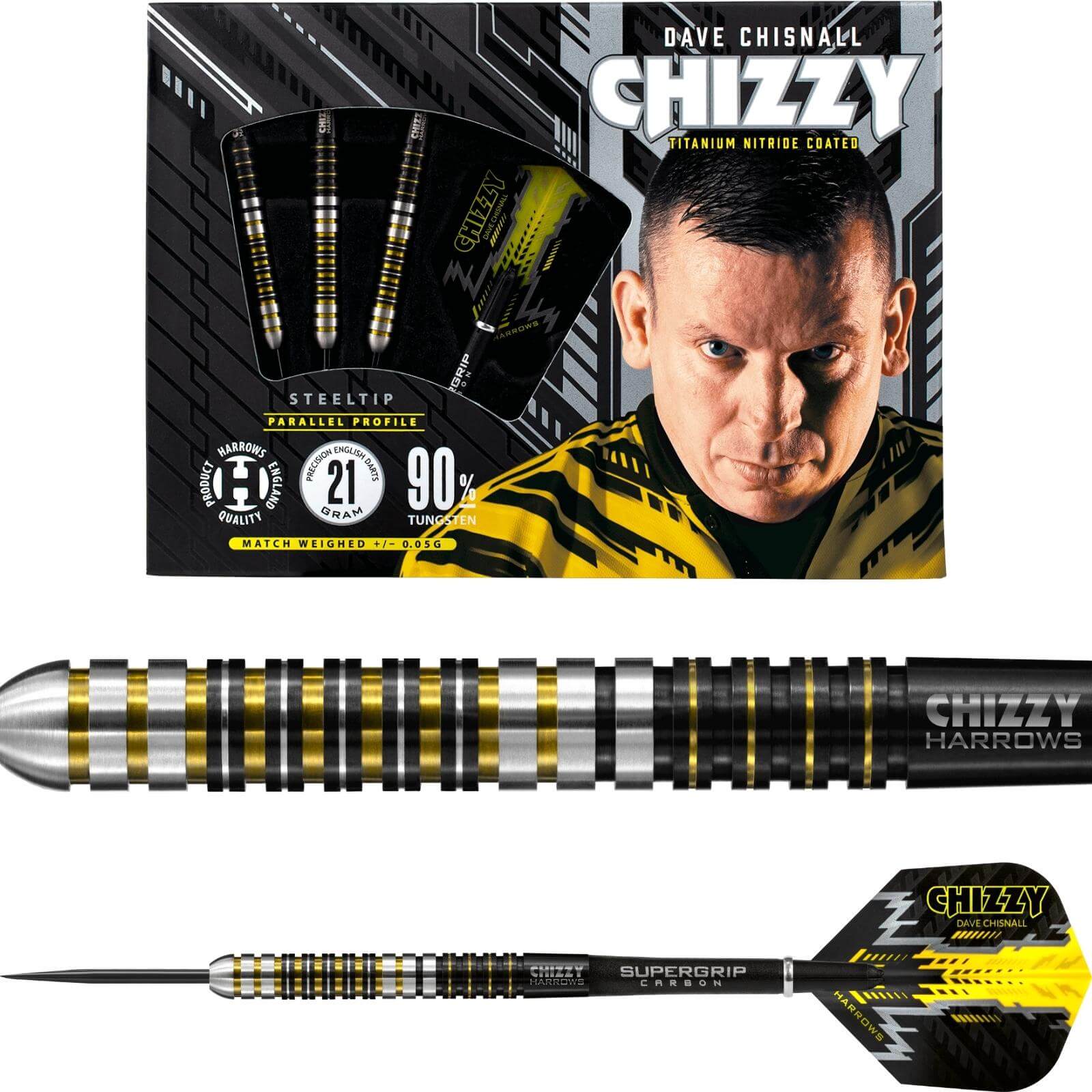 Harrows Chizzy Dave Chisnall Steel Tip Darts - 90% Tungsten (21g, 22g, 23g, 24g, 25g, 26g) - Professional Darts for Tournaments & Home Practice