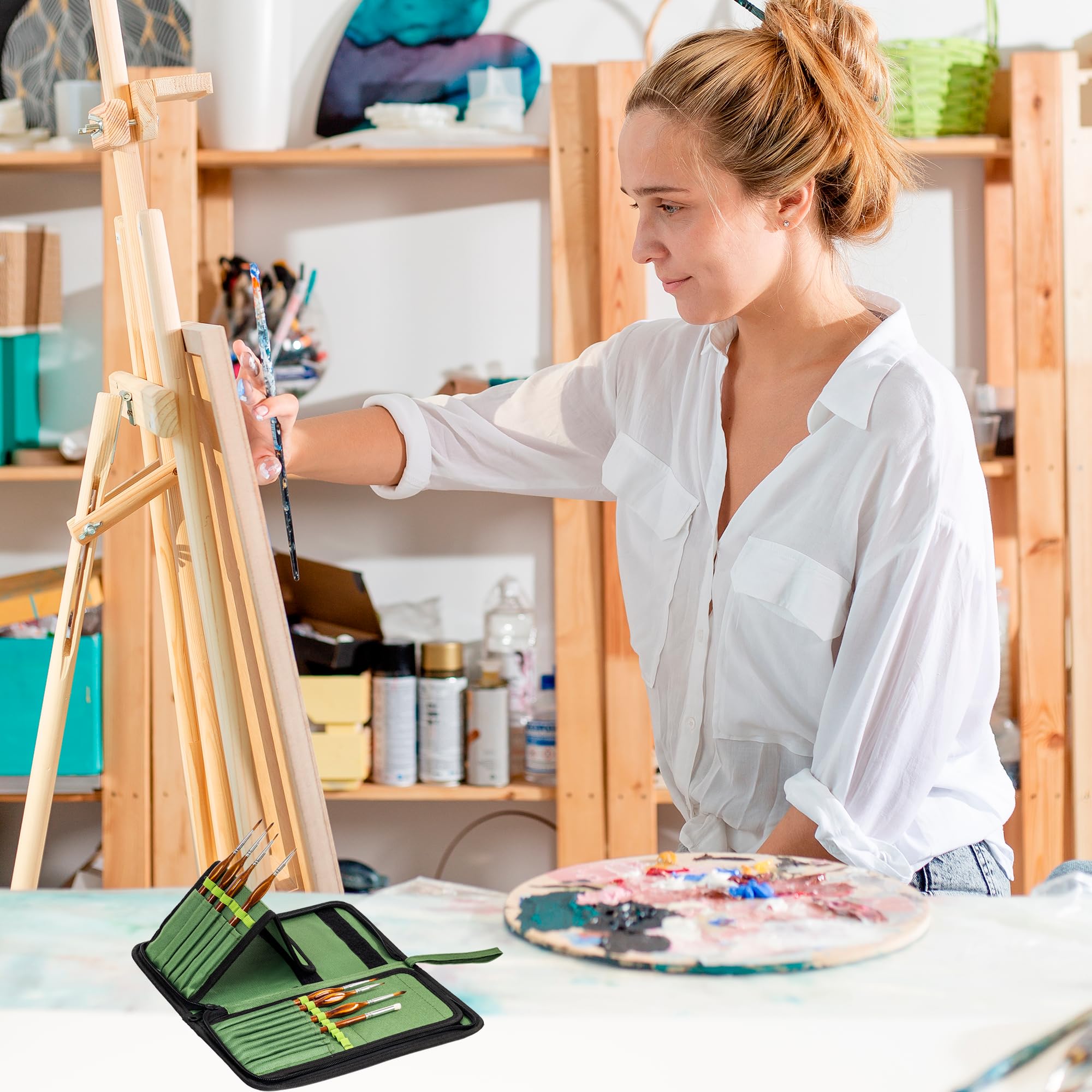 DUGATO Green Canvas Paint Brush Holder & Organizer - 15 Slot Artist Brush Carrying Case for Brushes up to 9.3 Inches (5.4x10.7 Inches) - Perfect for Watercolor, Acrylic & Oil Painting Supplies Storage (Brushes Not Included)