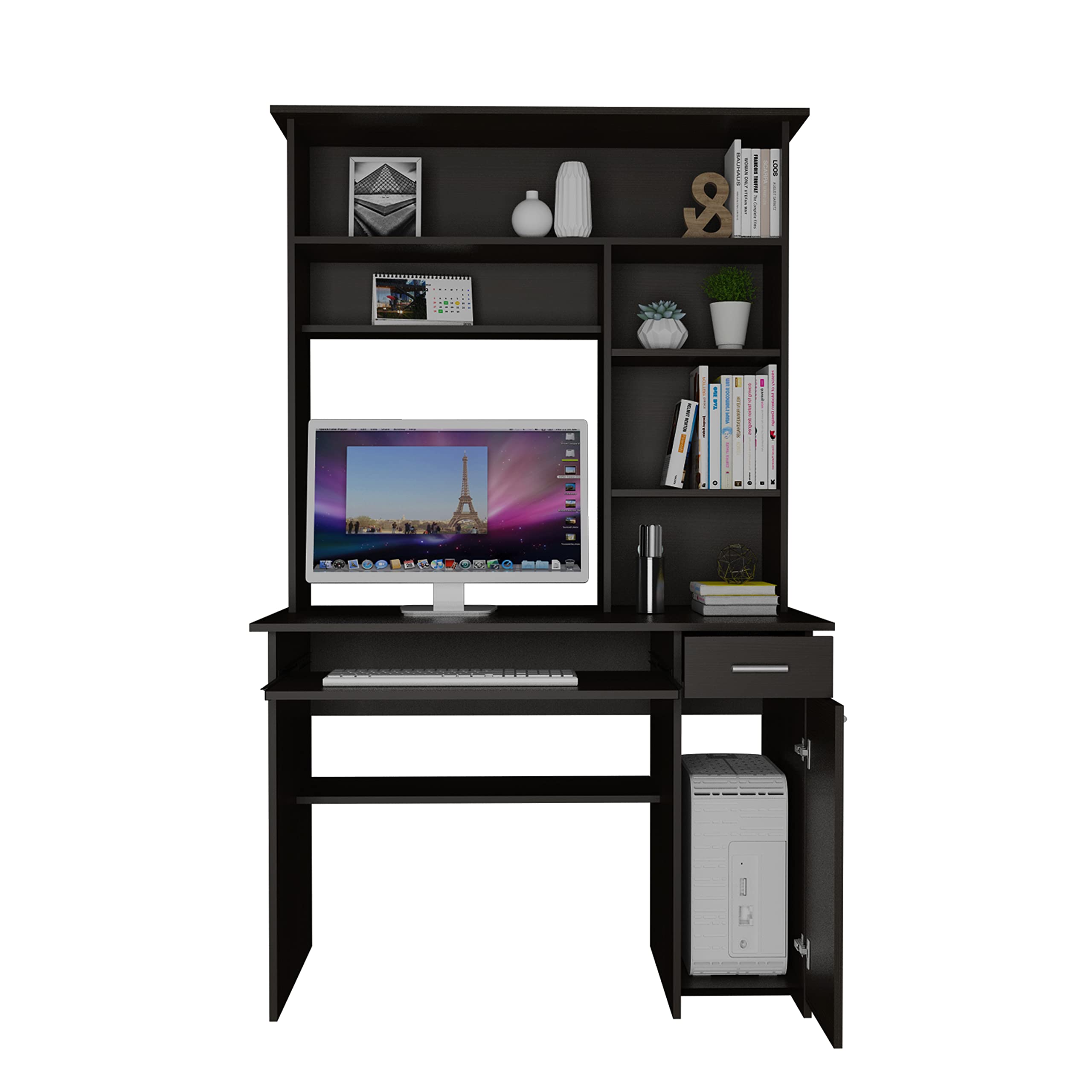 Weston 180 Two Computer Desk with Hutch - Black Office Desk with Retractable Keyboard Tray, Storage Drawer, CPU Stand & 6 Open Shelves | Perfect for Home Office, Gaming Setup & Small Workspaces