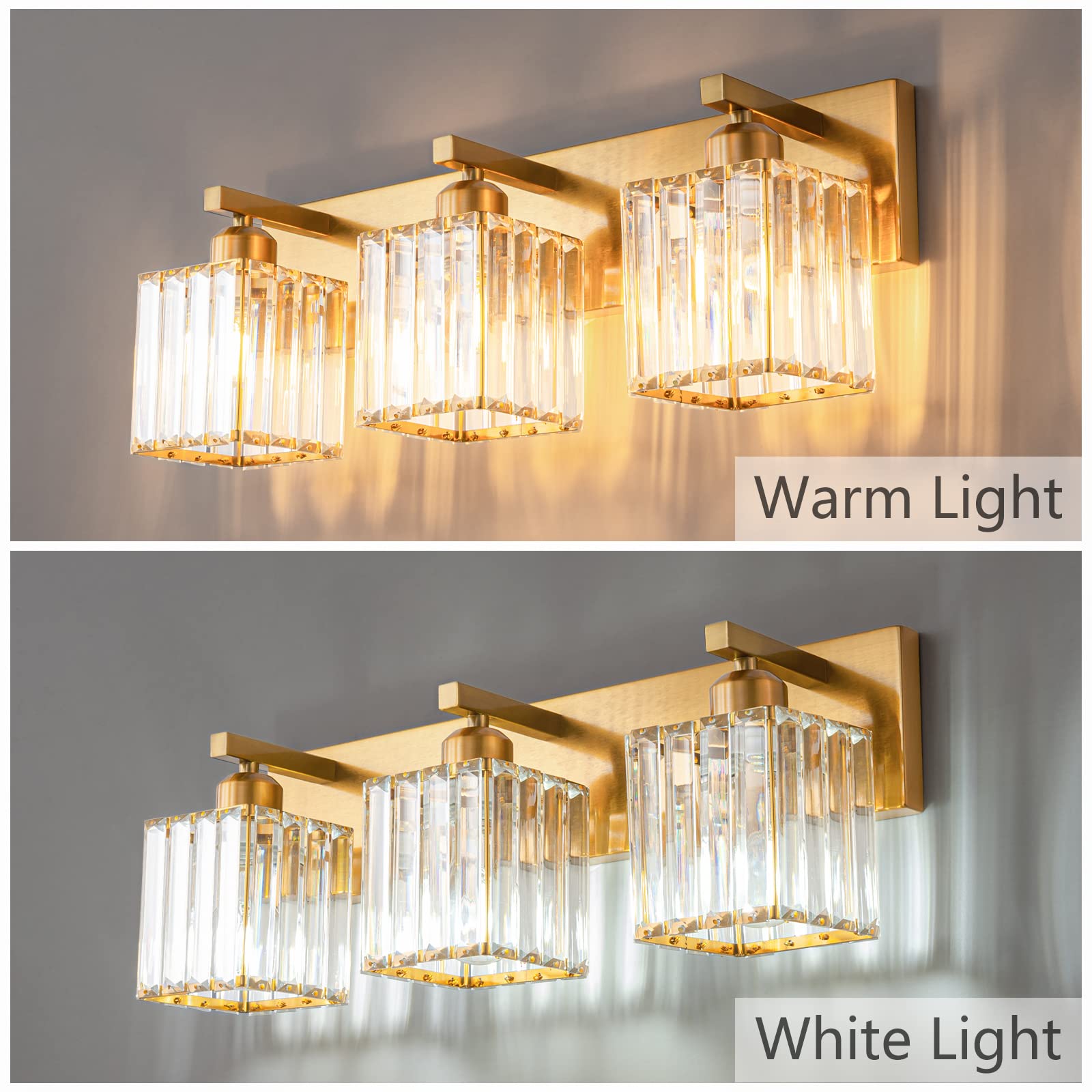 Modern 3-Light Gold Brushed Brass Finish Crystal Wall Sconce - Elegant Bathroom Vanity Lighting for Bedroom, Hallway & Powder Room