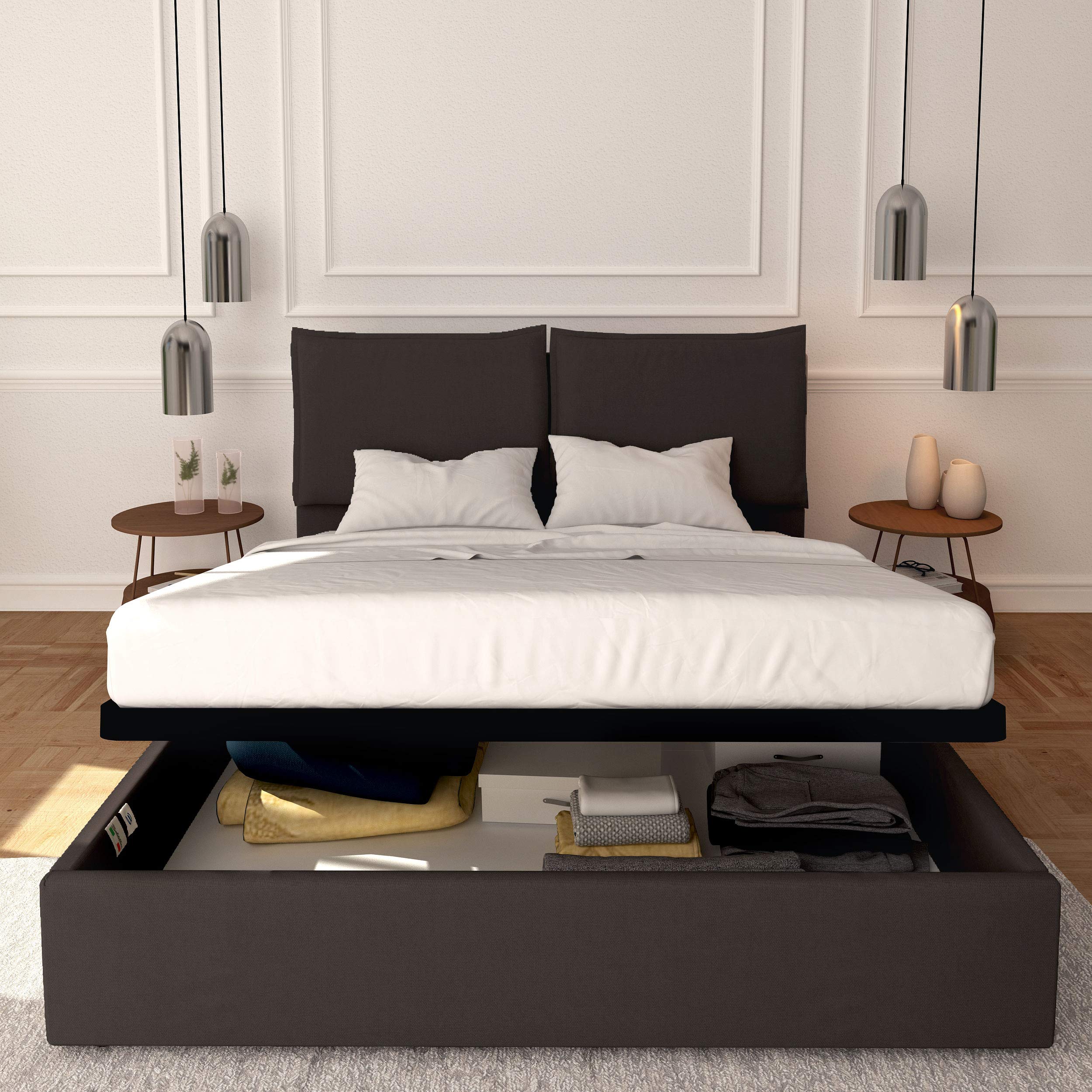 Baldiflex Licia Fabric Queen Size Bed with Slatted Base & Upholstered Headboard - 160x190cm Mattress Platform Bed Frame for Master Bedroom, Guest Room & Small Spaces