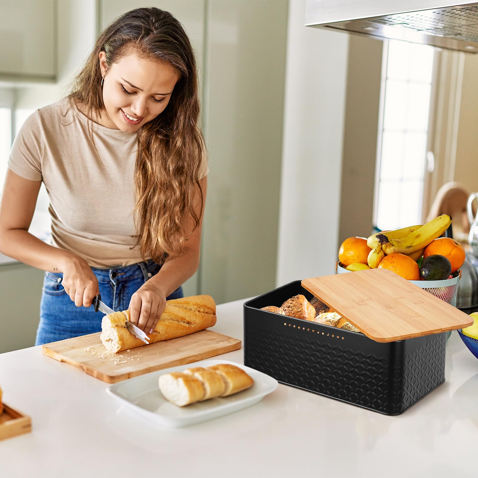 Stainless Steel Bread Box with Bamboo Cutting Board Lid - Airtight Bread Storage Container for Kitchen Countertop, Modern Bread Bin & Bread Keeper - Perfect for Home Baking, Pantry Organization & Kitchen Decor (Black)