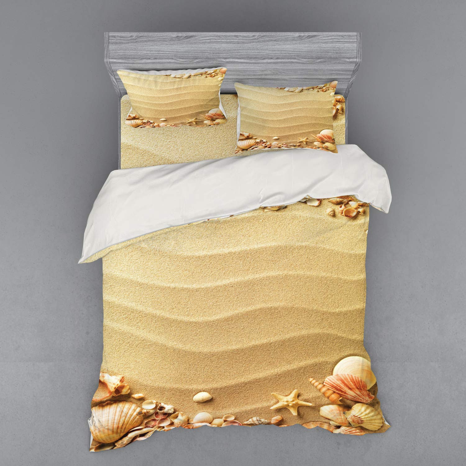 Ambesonne Nautical Beach Duvet Cover Set - 4 Piece Queen Size Bedding with Shams & Fitted Sheet - Sandy Shore Design with Seashells in Sand Brown Coral - Perfect for Coastal Themed Bedrooms & Vacation Homes