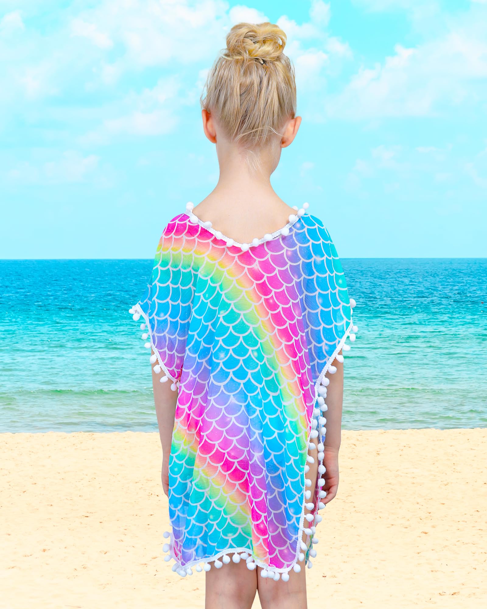 Mermaid Swim Cover Up for Girls - Chiffon Beach Swimsuit Coverup with Pompom Tassel | Perfect for Poolside, Beach Vacation & Summer Outings