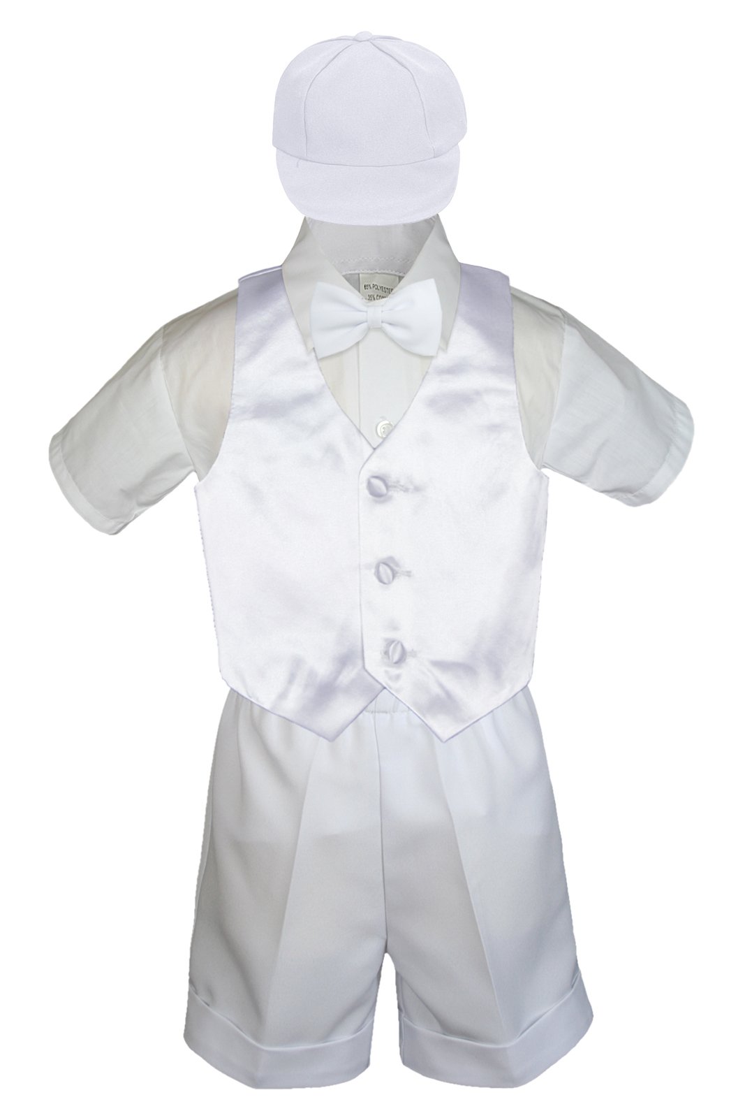 5-Piece Baby Boys' White Bow Tie & Satin Vest Shorts Suit Set - Sizes S to 4T (4T, White) | Formal Outfit for Weddings, Parties & Special Occasions