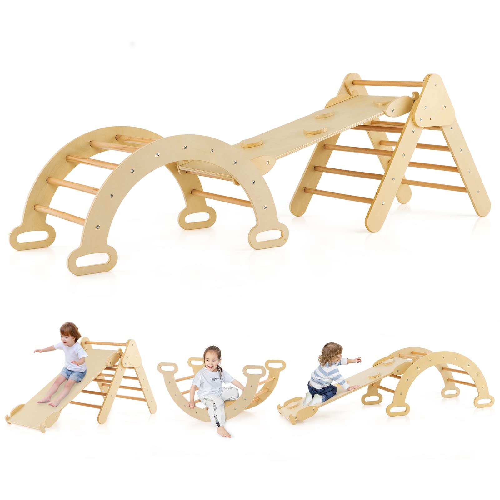 COSTWAY 7-in-1 Montessori Climbing Triangle with Double-Sided Ramp, Slide & Ladder - Solid Beech Wood Toddler Climbing Gym for Kids 1-6 Years (50kg Weight Limit) - Indoor Playroom, Nursery, Preschool Activity Equipment for Motor Skills Development