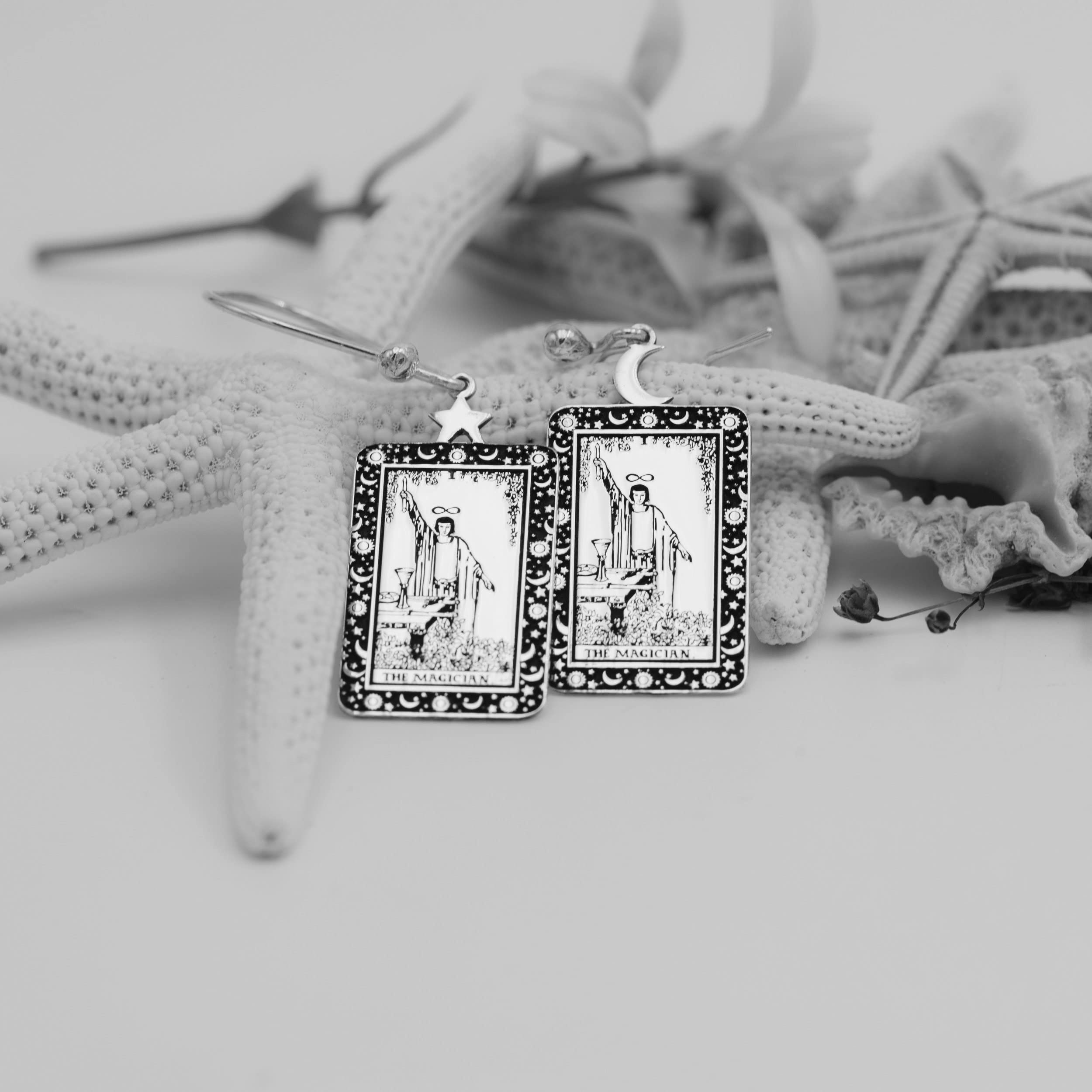 925 Sterling Silver Magic Arcana Tarot Card Earrings - Mystical Symbol Engraved Rectangle Lobe Earrings with Secure Hook Closure | Perfect for Wiccan Rituals, Tarot Readings & Gothic Fashion (The Magician, Silver)