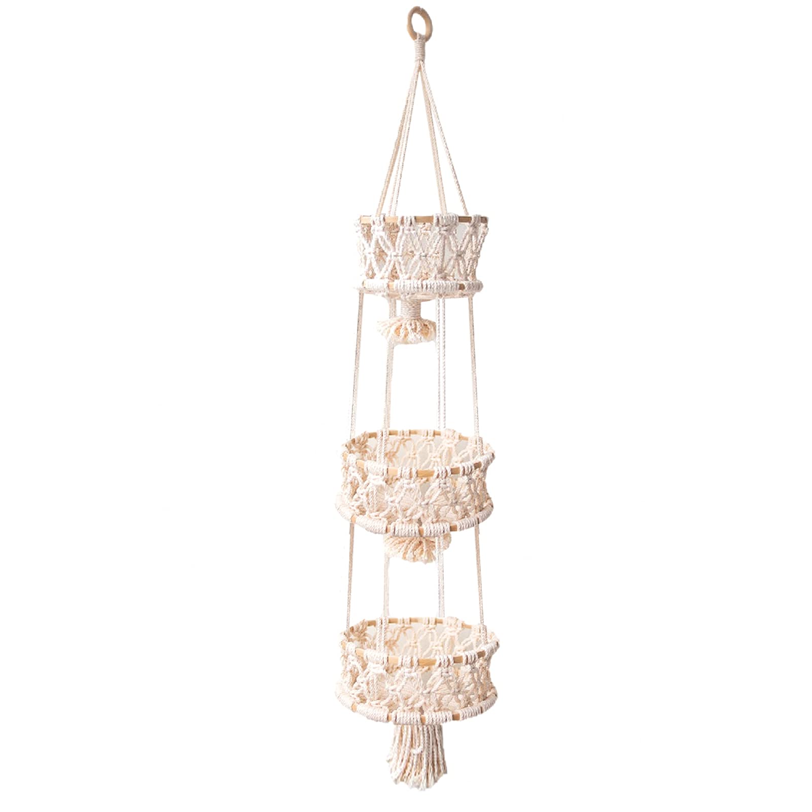 Macrame Hanging Fruit Basket - 3 Tier Handmade Rope Wall Hanging Bowl for Fruits, Vegetables & Decor | Perfect for Kitchen, Garden, Balcony & Boho Home Decor | Organic Storage Solution for Fresh Produce Display