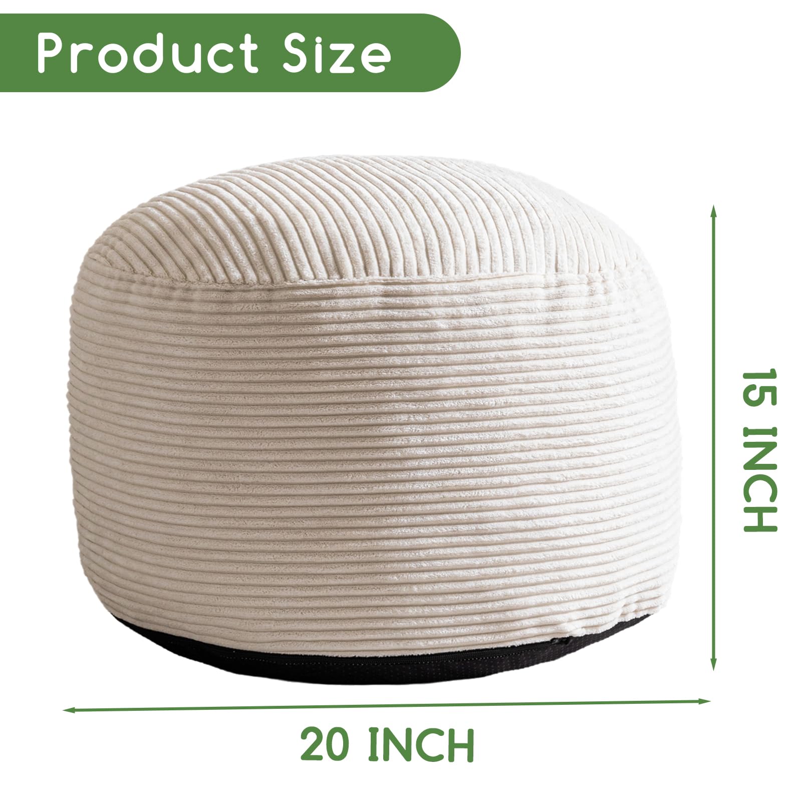 MAXYOYO Round Stuffed Pouf Ottoman - Corduroy Foam Filled Footrest, 20 x 15 Inches, Beige - Perfect for Living Room, Bedroom & Nursery Decor