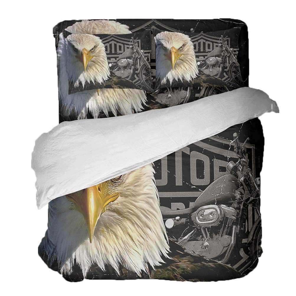 Motorcycle Bald Eagle Duvet Cover Set - 3PCS for Queen Bed, Home Decor