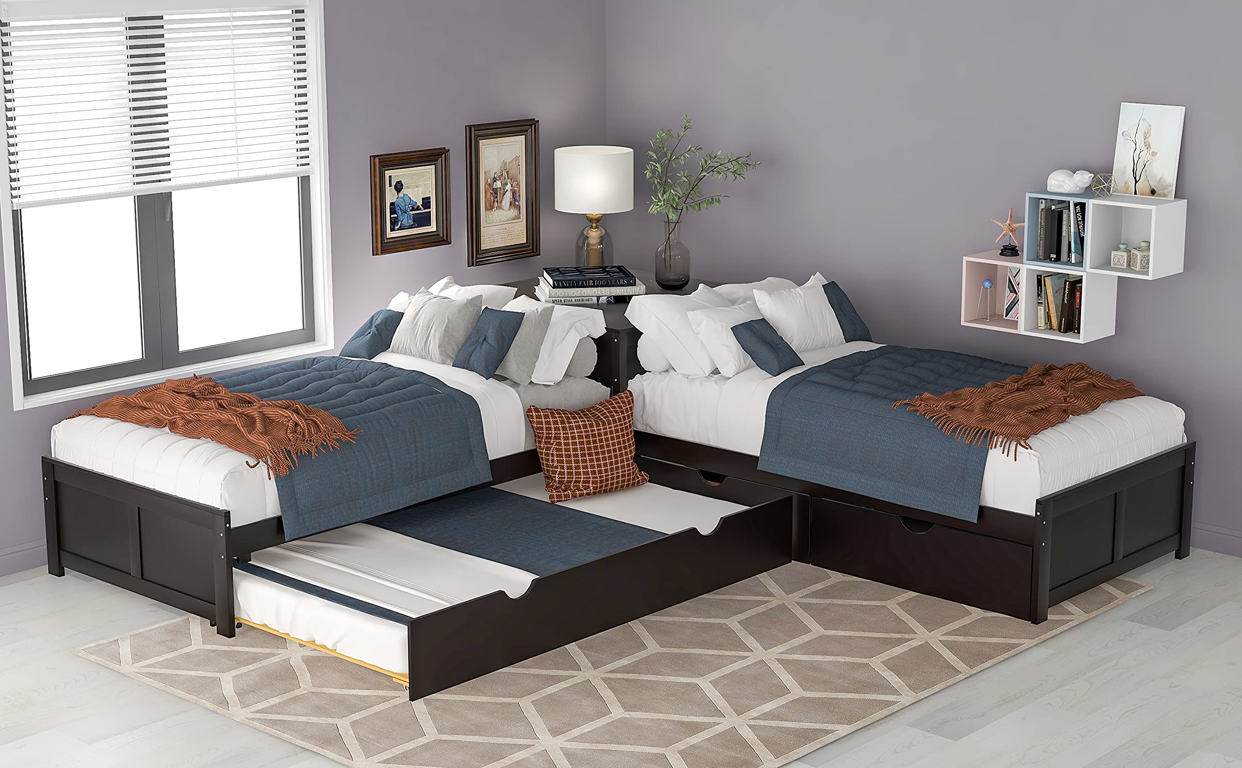 Merai L-Shaped Corner Platform Bed with Trundle & Storage Drawers - Built-in Desk - Twin Size (233) - Espresso Finish - Perfect for Small Bedrooms, Kids Rooms & Studio Apartments