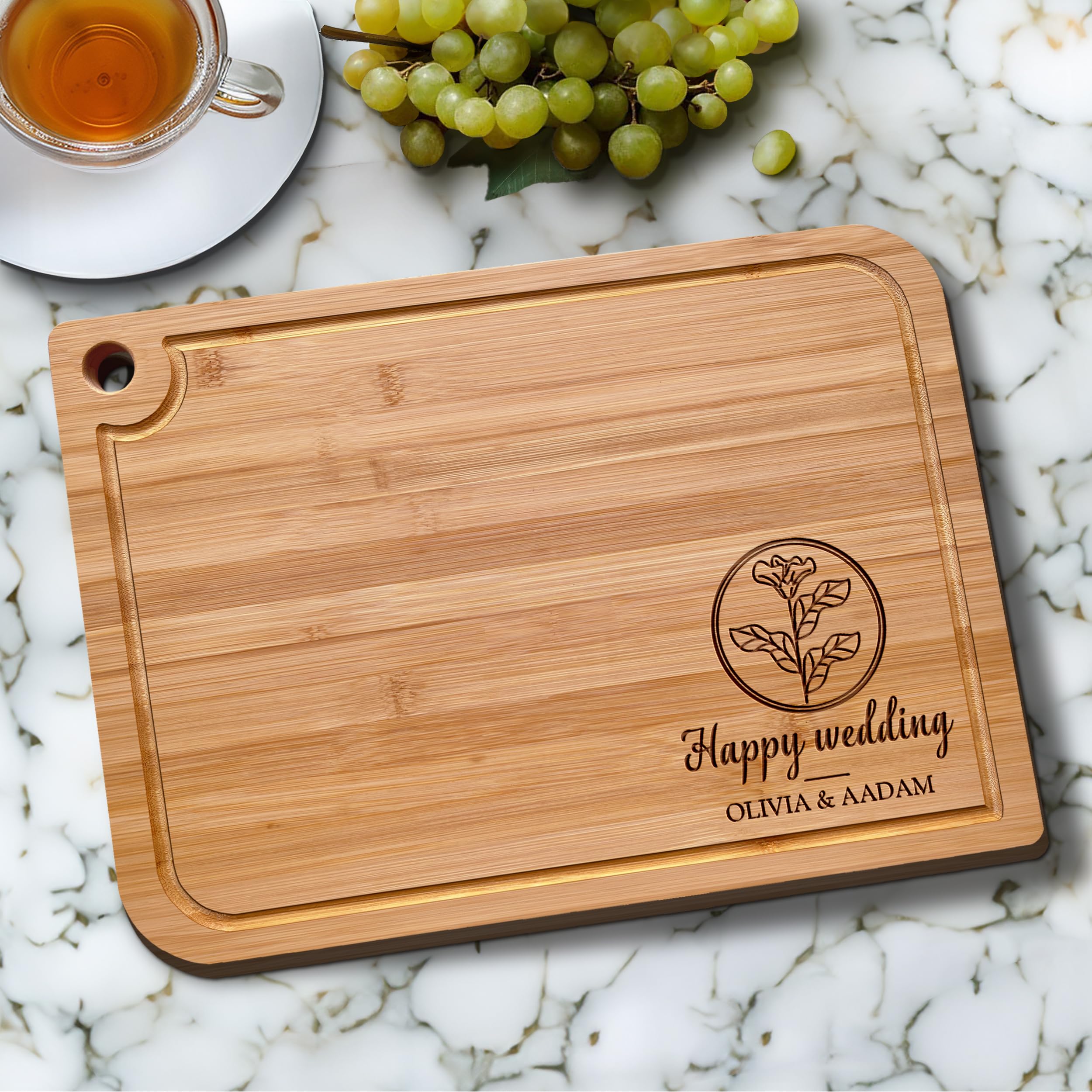 Personalized Engraved Wood Cutting Board with Floral Design - Custom Wedding Gift for Couples, Anniversary Present, Bridal Shower Gift Idea, Unique Valentine's Day Gift - Charcuterie Cheese Board with Free Gift Envelope - Perfect for Housewarming, Christmas, and Romantic Dinner Parties