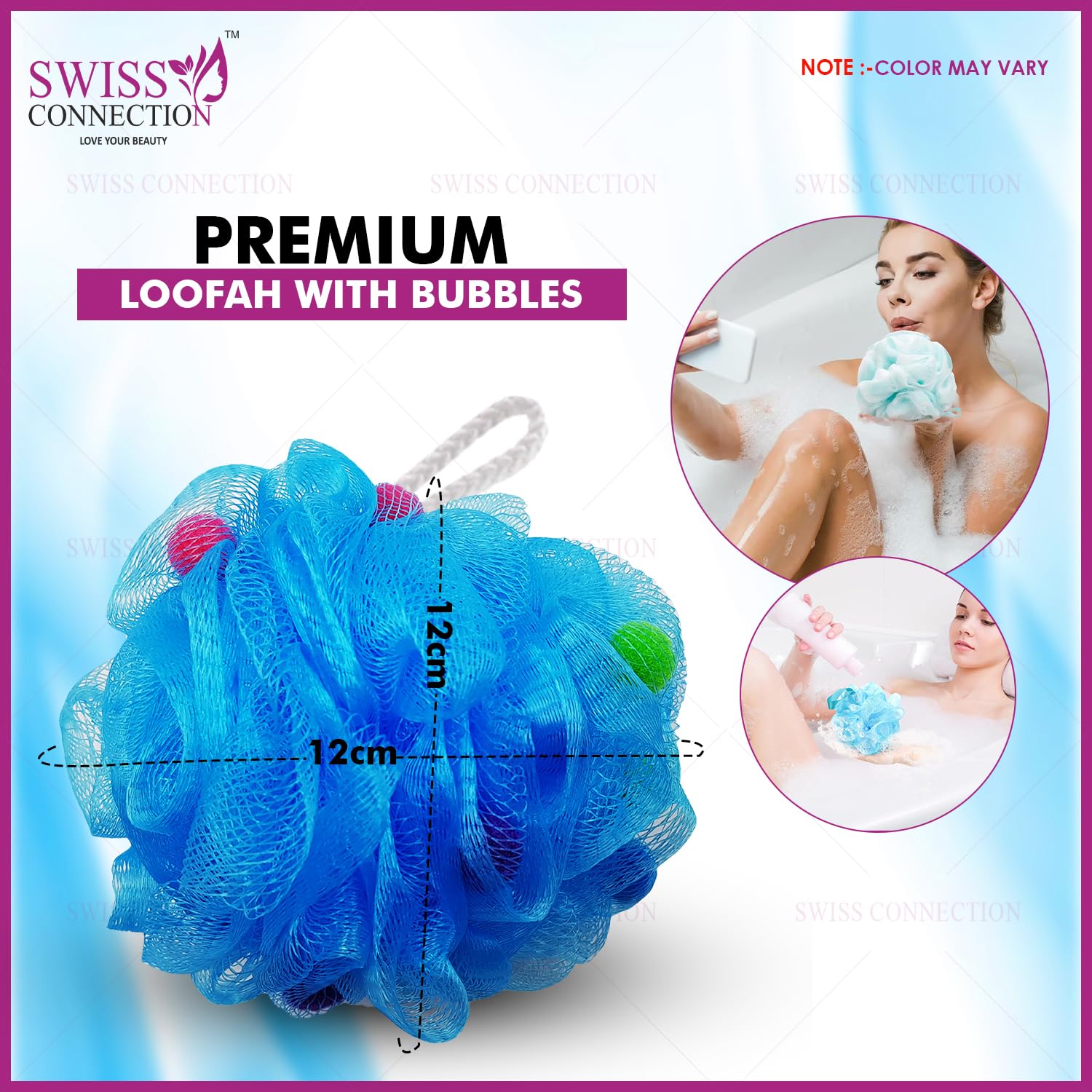 Swiss Connection Exfoliating Loofah with Active Spheres - Round Body Scrubber for Shower & Bath, Back Scrubber, Bath Accessories (2-Pack, Multicolor) - Perfect for Gentle Skin Exfoliation & Spa-Like Experience at Home
