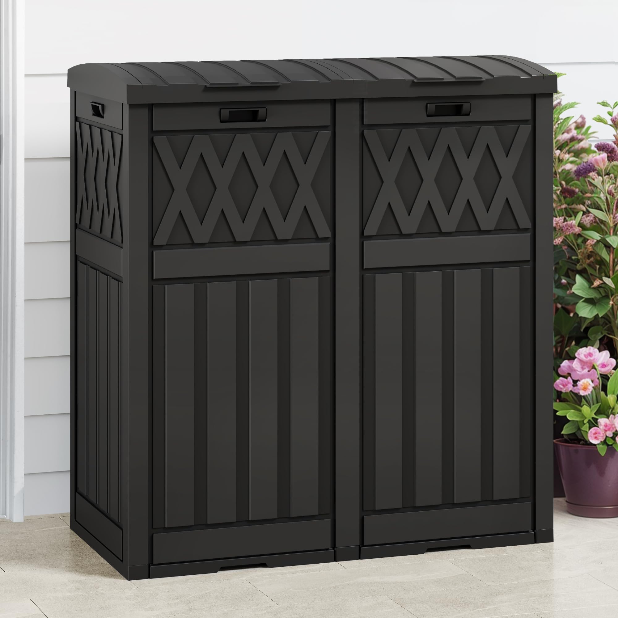 DWVO 66 Gallon Outdoor Trash Can with Lid - Waterproof Resin Double Bin Garbage Can with Drip Tray - Perfect for Patio, Deck, Backyard & Kitchen Waste Management - Black
