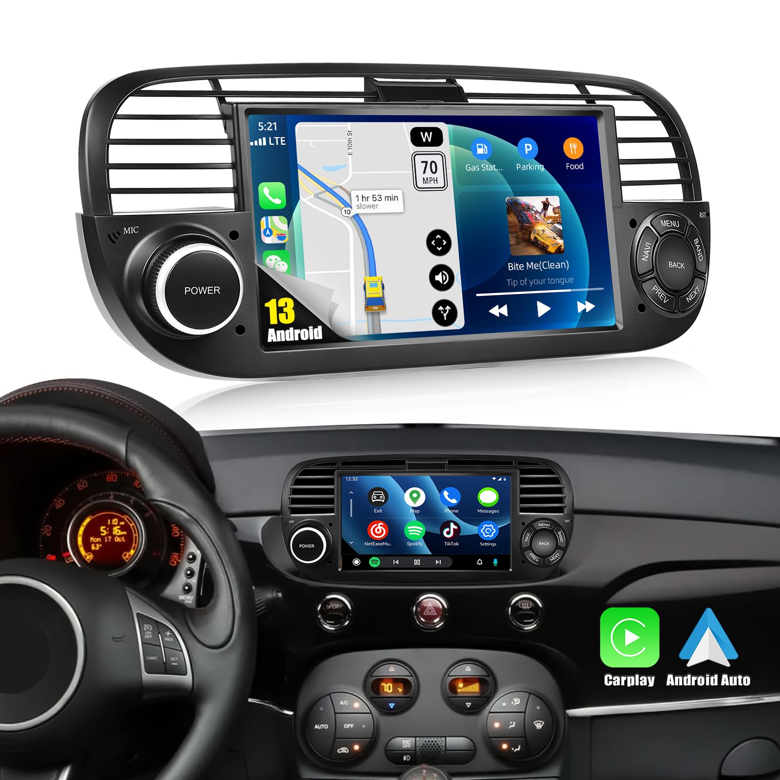 CAMECHO 7 Inch Android 13 Car Stereo for Fiat 500 2007-2015 - Wireless Apple CarPlay & Android Auto, Double Din Touchscreen with GPS Navigation, Bluetooth, HiFi Audio, WiFi, FM Radio & Rear View Camera - Perfect for Upgrading Your Car Entertainment System