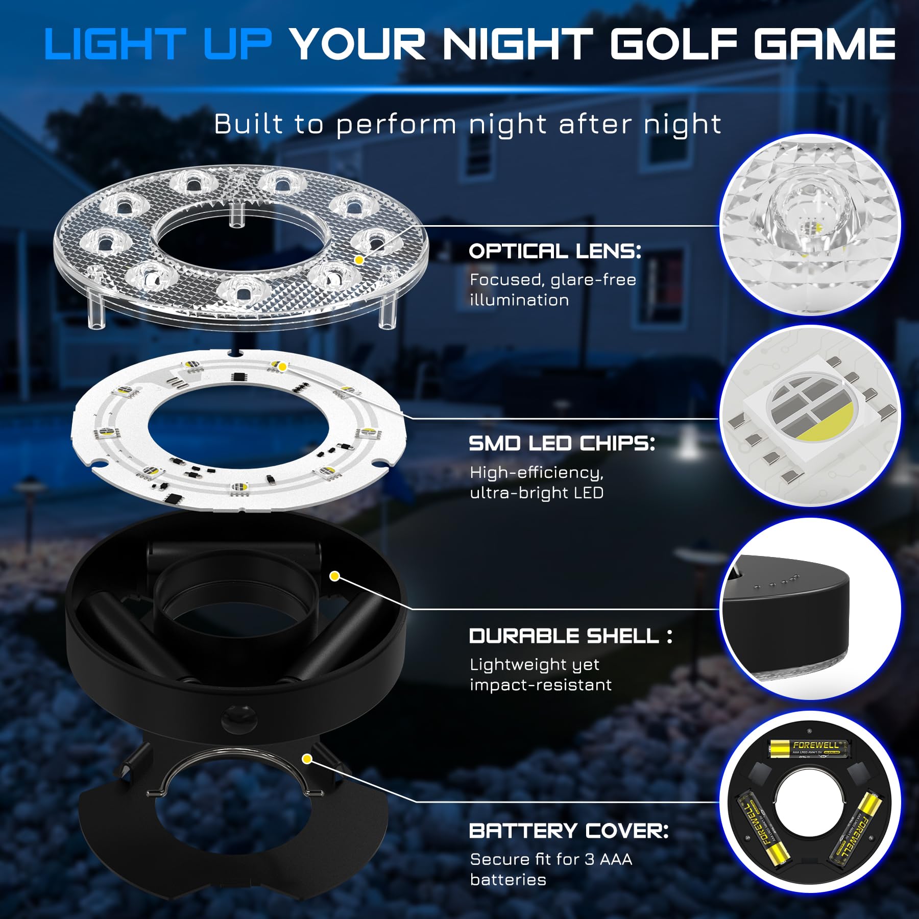 KINGTOP LED Golf Hole Light with Anti-Glare Lens - Battery Operated Glow in The Dark Putting Cup Lights for Night Golf, Backyard Practice, Indoor Putting Green & Golf Party Decorations | Perfect for Outdoor Nighttime Practice, Home Golf Simulator & Backyard Entertainment