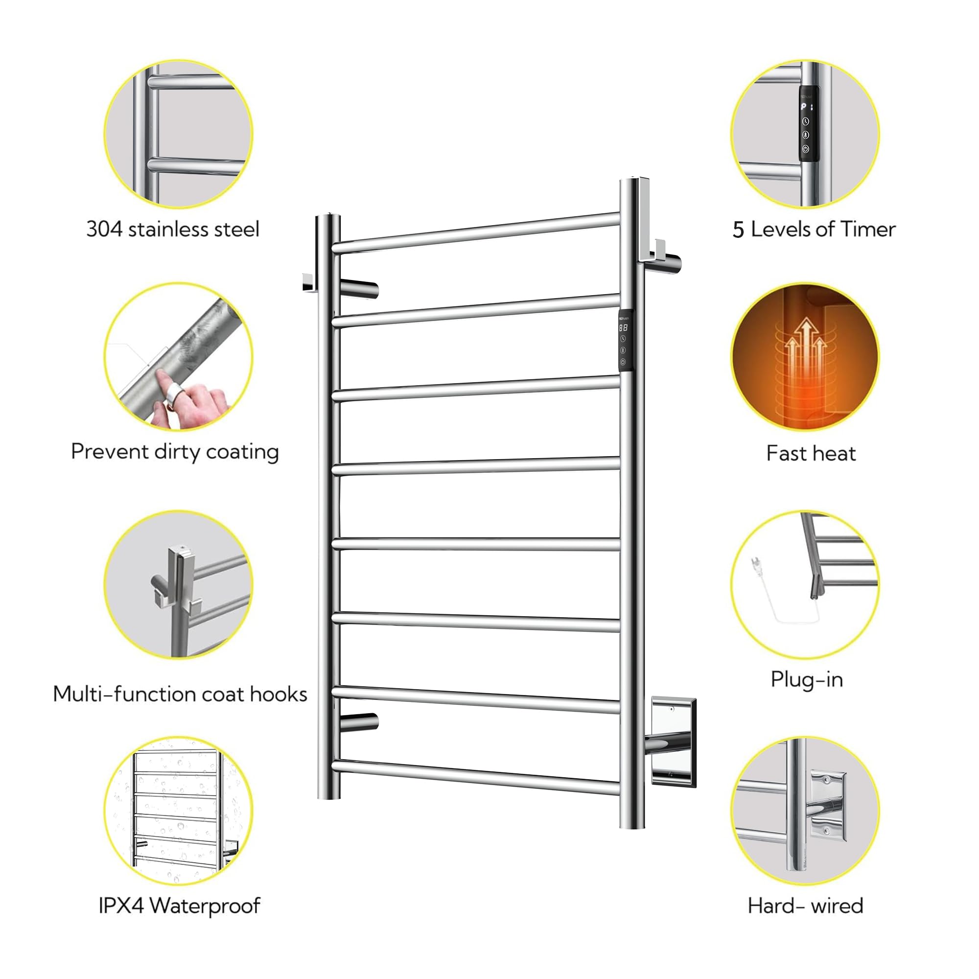 P&Bhusri Electric Heated Towel Rack for Bathroom - Wall Mounted 8-Bar Towel Warmer with Timer & LED Indicator, Stainless Steel Polished, Hard-Wired/Plug-in - Perfect for Spa, Luxury Bathrooms & Cold Weather Comfort