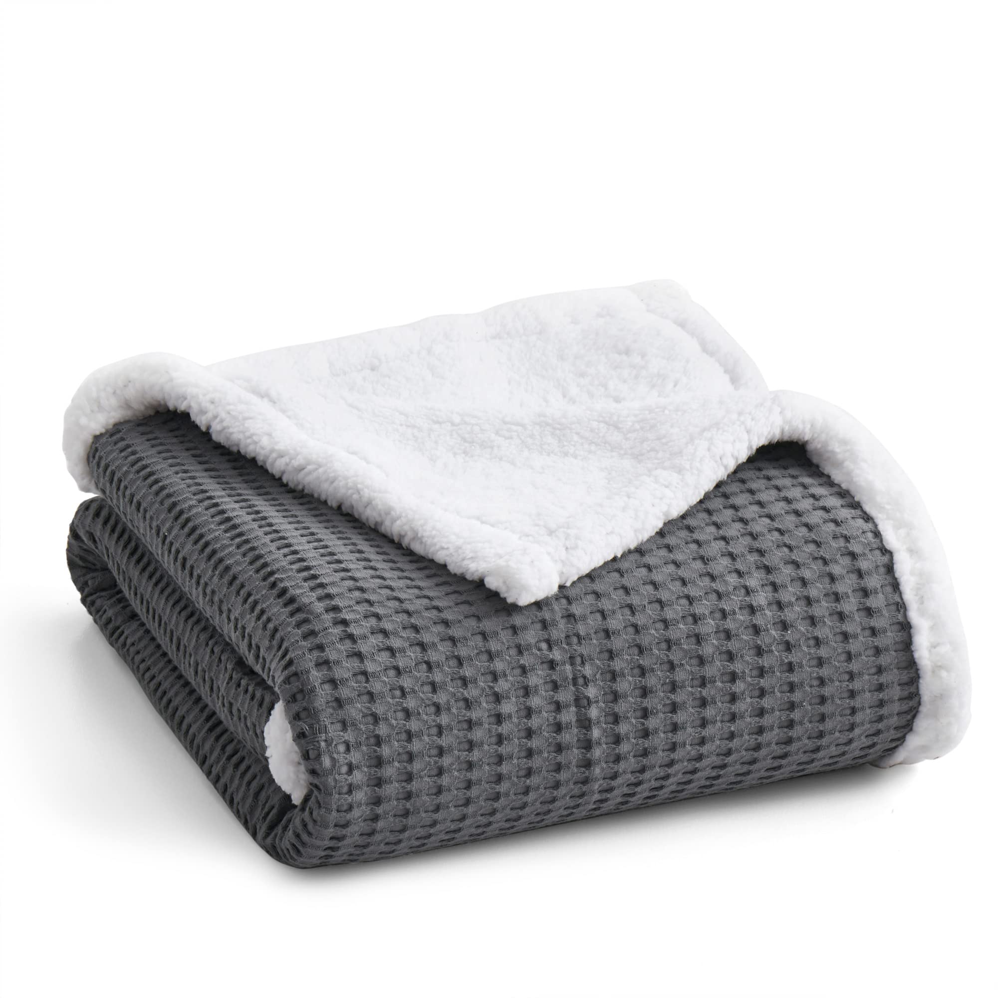 Levtex Home Mills Waffle Sherpa Throw Blanket - Ultra Soft Charcoal Cotton Waffle Weave - Quilt Size 50x60 Inches - Cozy for Bed, Sofa & Winter Nights