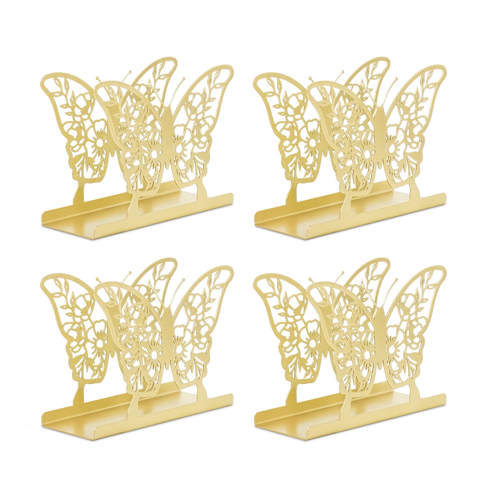 4-Piece Gold Napkin Holders Set - Elegant Metal Bar Paper Organizer for Kitchen & Dining Table - Modern Butterfly Flower Design Freestanding Tissue Dispenser - Perfect for Home Decor, Parties, and Wedding Table Settings