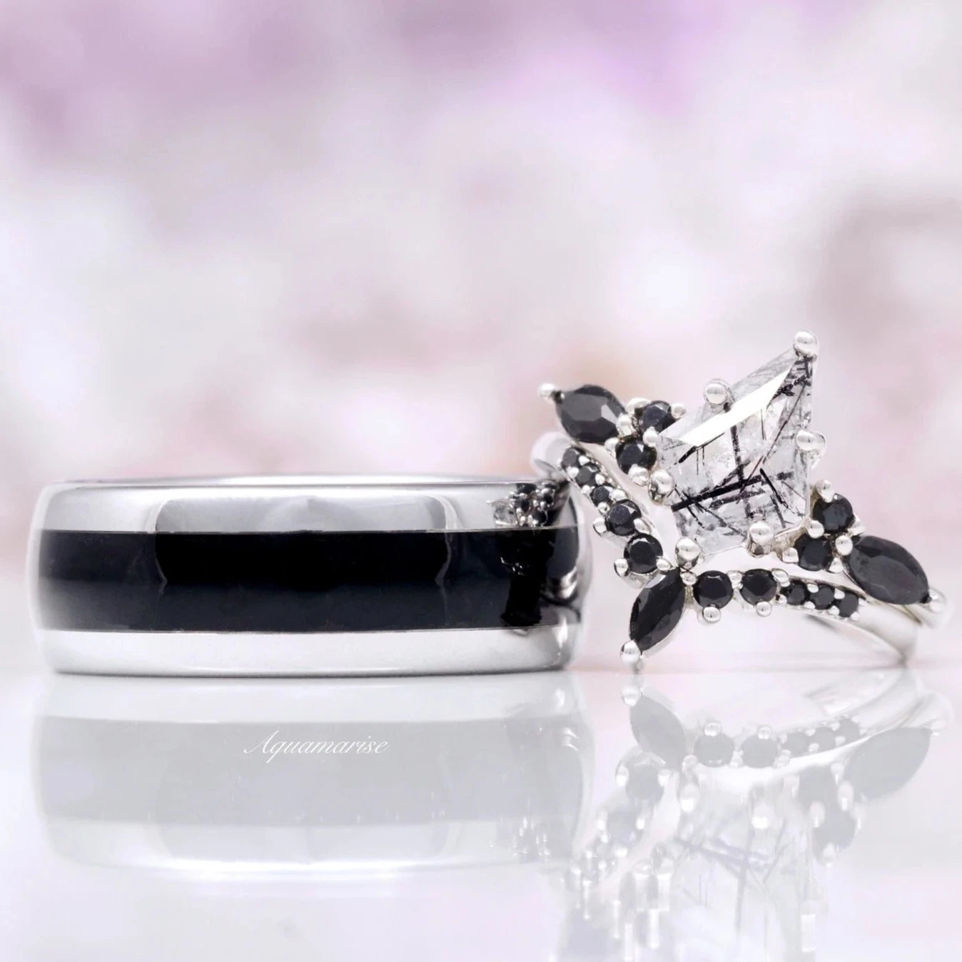 Skye Kite™ Rutilated Quartz & Black Onyx Couple Rings for Men and Women - Matching His & Hers Wedding Bands, Anniversary Gifts - Perfect for Romantic Dates, Proposals, and Special Occasions