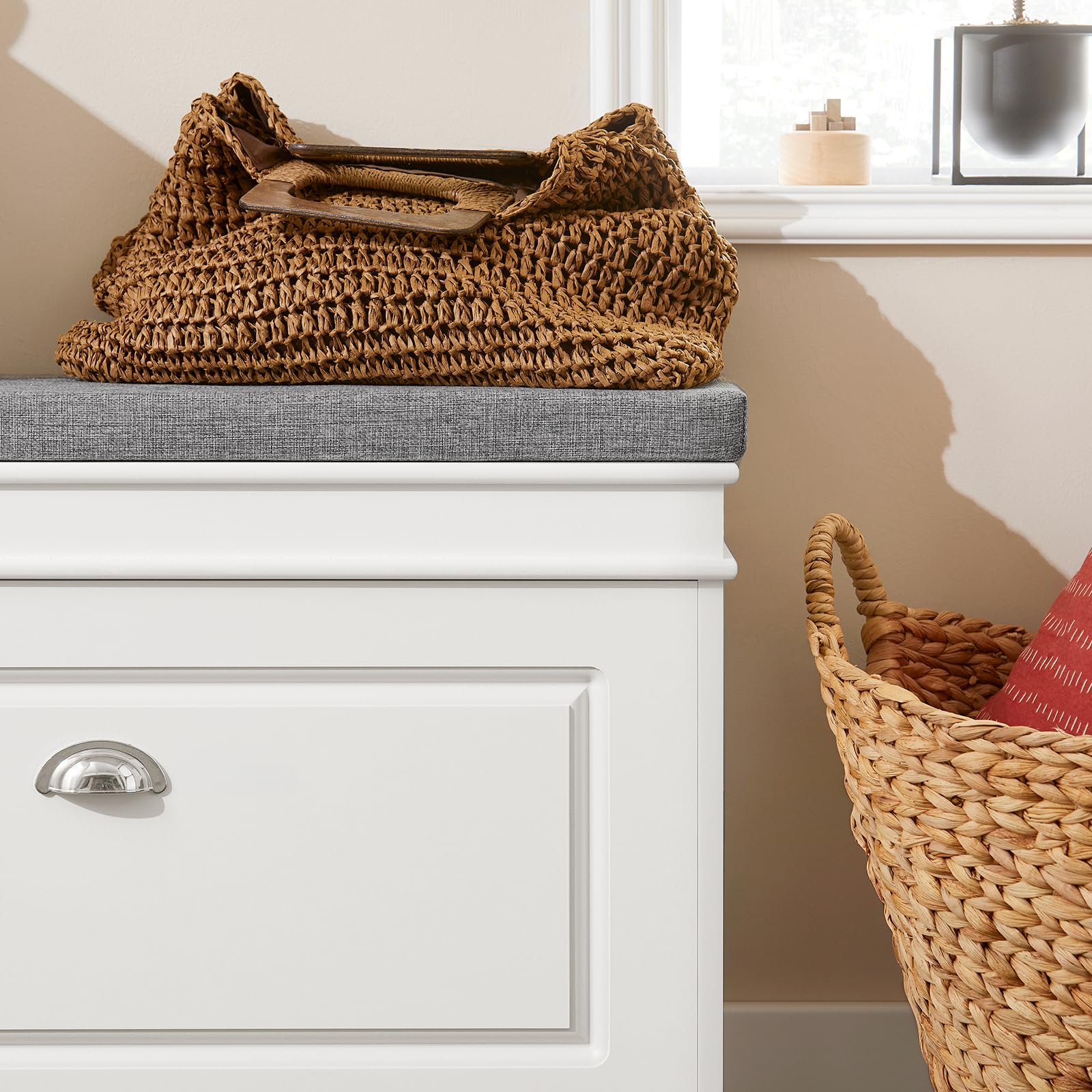 White Narrow Shoe Storage Bench with Cushion - 2-Tier Flip-Drawer Entryway Shoe Cabinet for Hallway, Closet & Mudroom Organization (FSR82-L-W) - Perfect for Small Spaces & Home Entry Organization