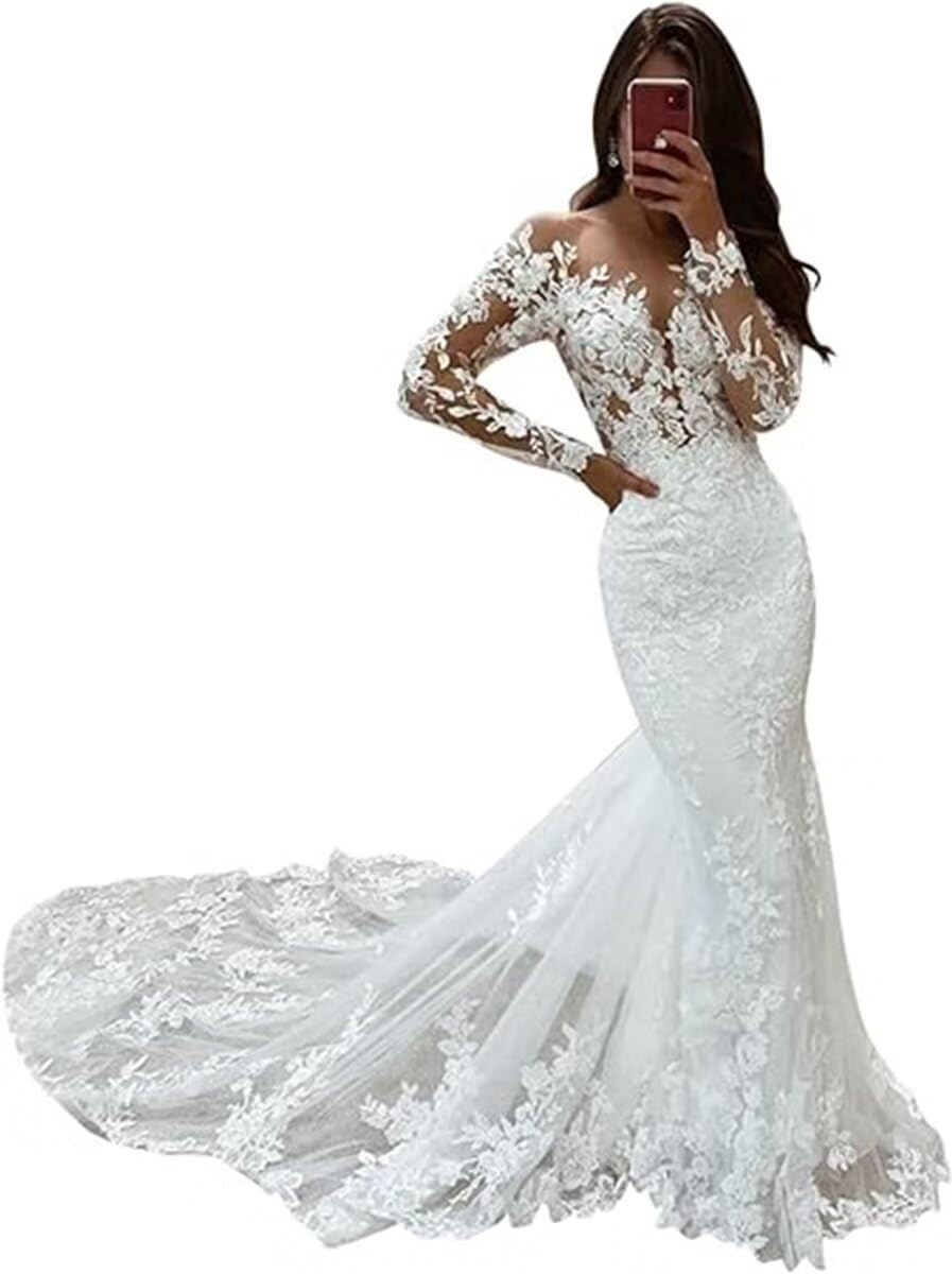 Elegant White Mermaid Wedding Dresses with Long Sleeves & Lace Details - Perfect for Bridal Ceremonies, Formal Weddings & Romantic Photos