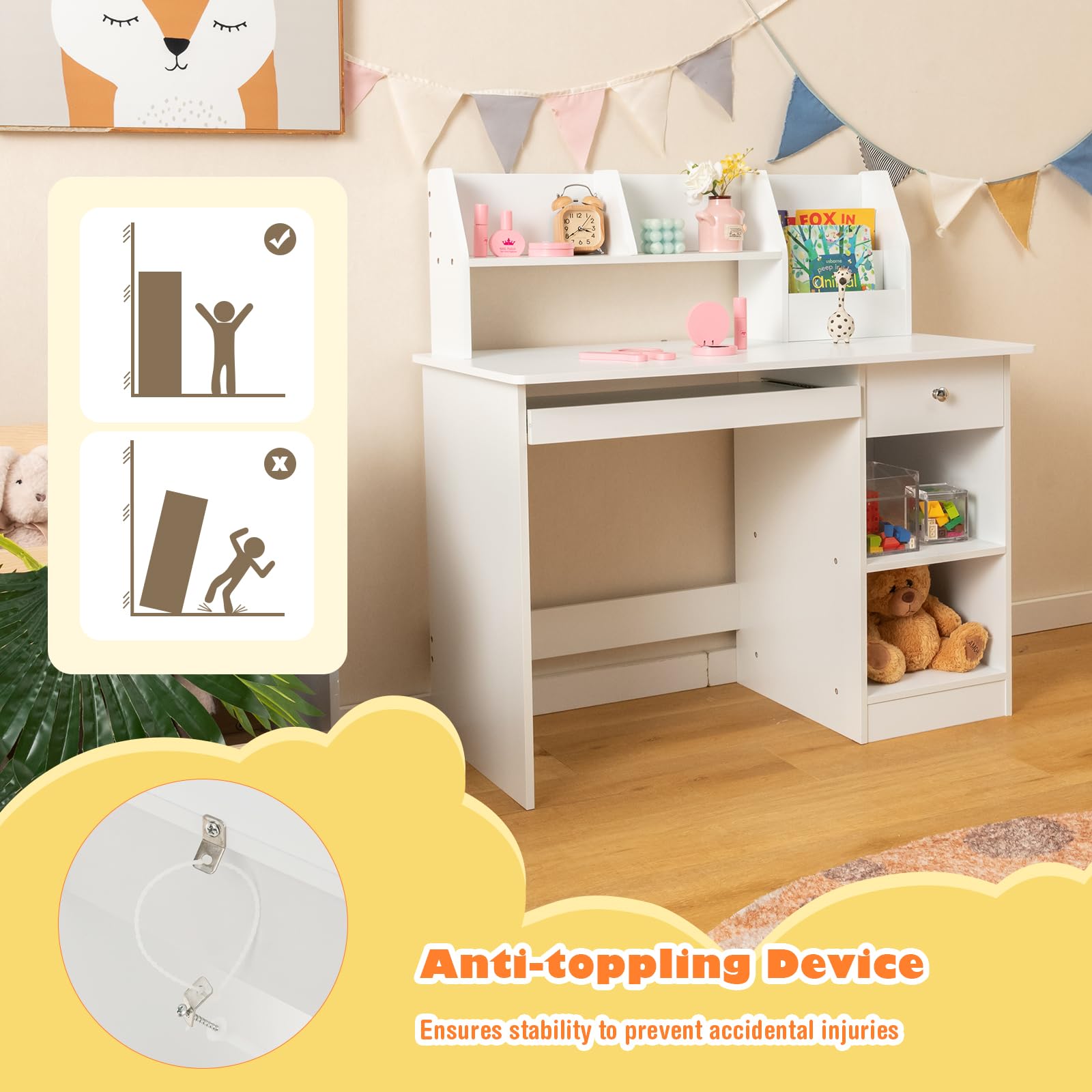 Costzon Kids Wooden Study Desk with Hutch, Storage Shelves & Keyboard Tray - White Children's Writing Workstation for Bedroom, School - Perfect Gift for Boys & Girls Ages 3+ | Ideal for Homework, Art Projects & Computer Learning