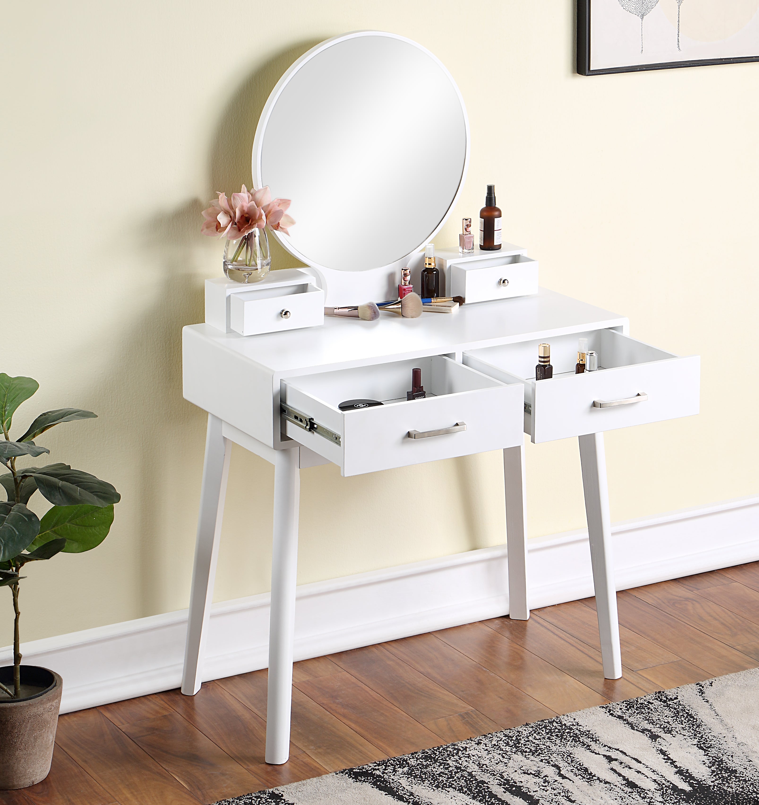 Roundhill Furniture Liannon Contemporary Wood Vanity Set with Stool - Modern Bathroom Vanity with Storage for Makeup & Jewelry Organization - Perfect for Bedroom, Bathroom or Dressing Room