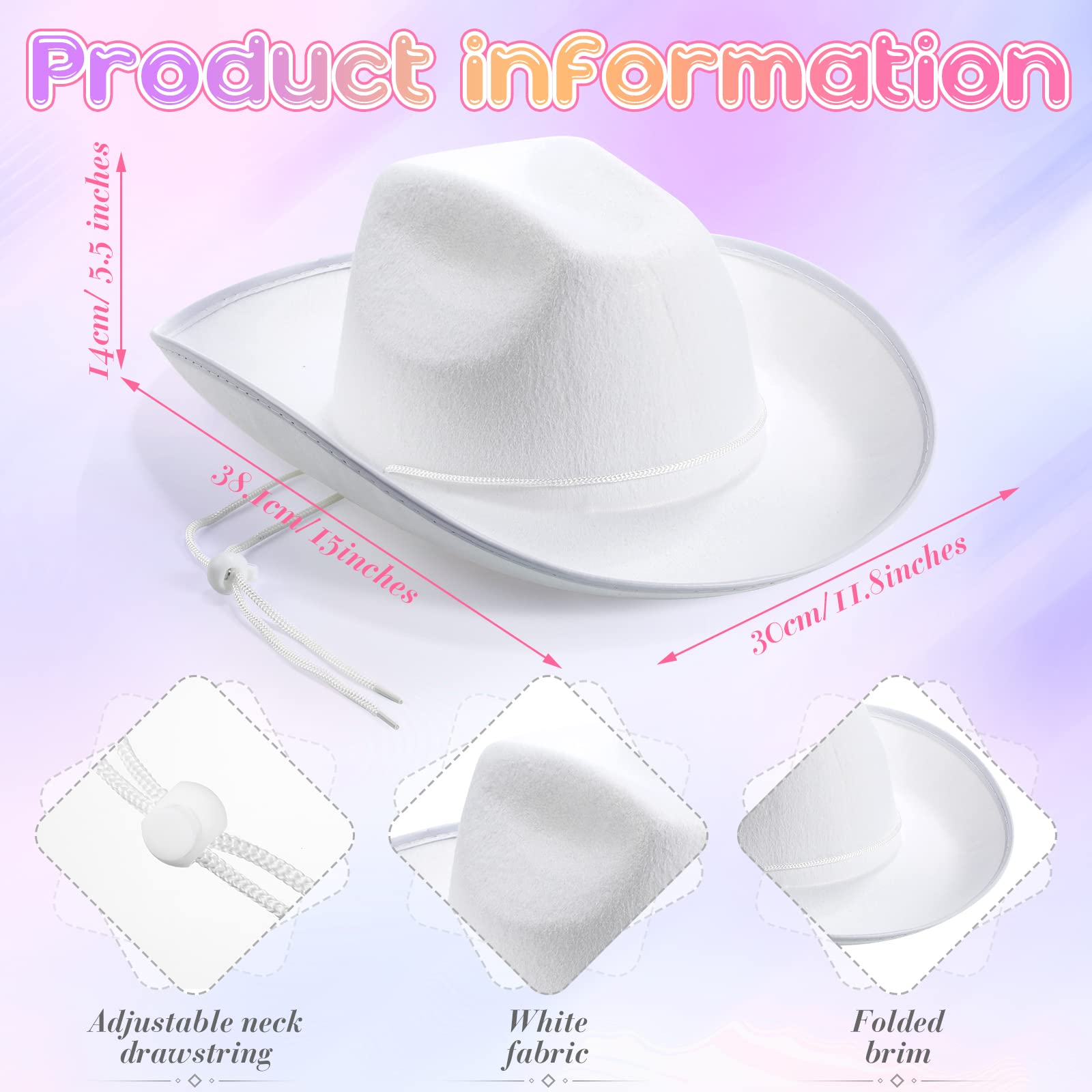 JaGely 22 Pcs White Cowboy Hat Set - Adjustable Western Cowboy Hats for Men & Women - Wide Brim Plain Cowgirl Hat with Neck Drawstring - Perfect for Costume Parties, Rodeo Events, and Western Themed Outfits