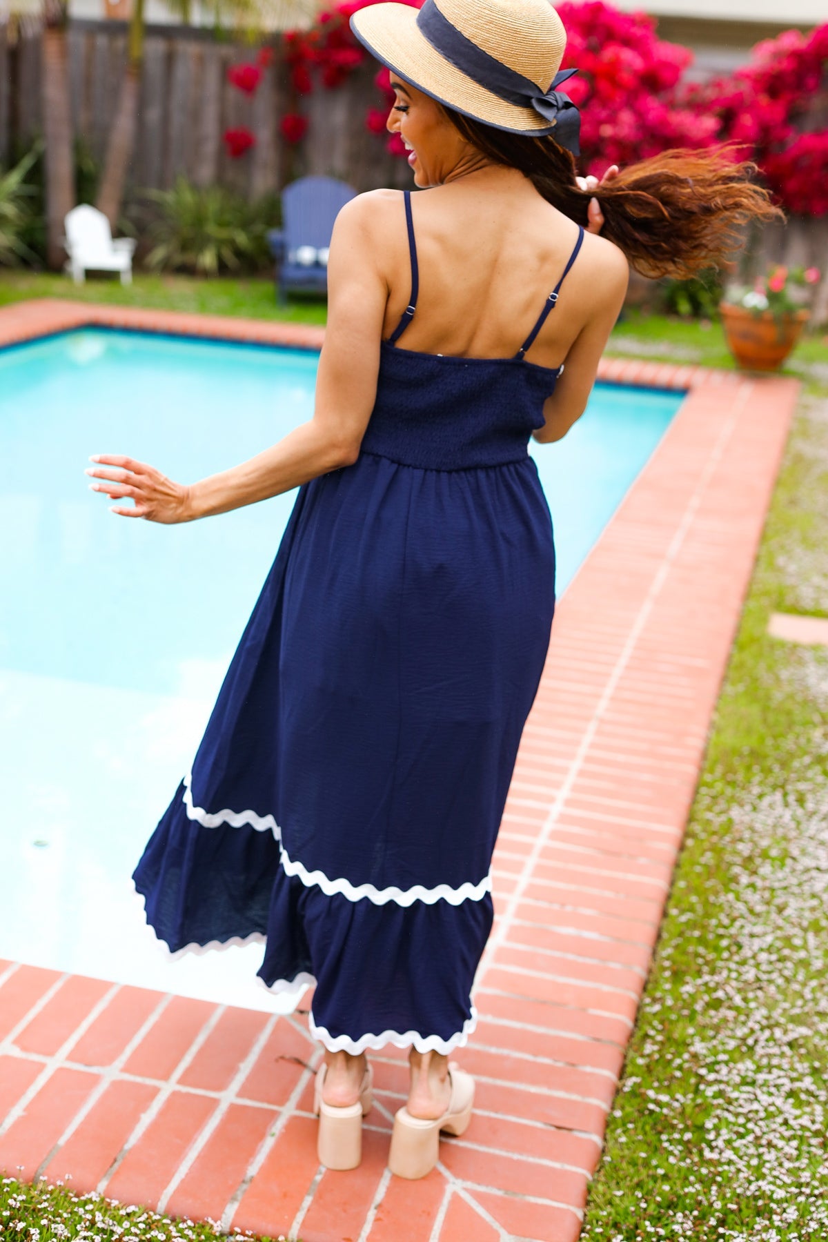 Bold & Sassy Navy Blue Square Neck Maxi Dress with Ric Rac Trim & Adjustable Straps - Perfect for Summer Beach Vacations, Date Nights & Boho Chic Outfits