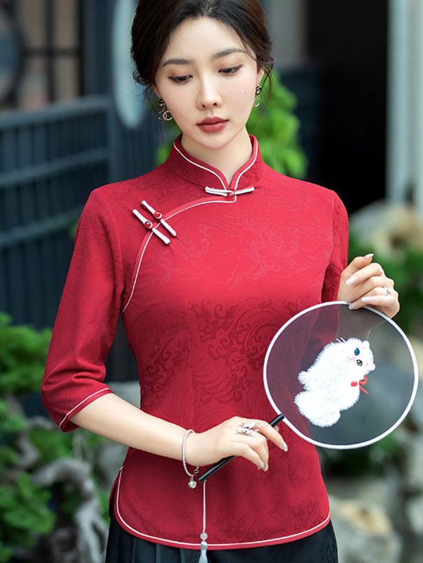 Elegant Black and Red Cheongsam Blouse for Women - Vintage Chinese Style Silk Top - Perfect for Mother's Day, Weddings, and Special Occasions