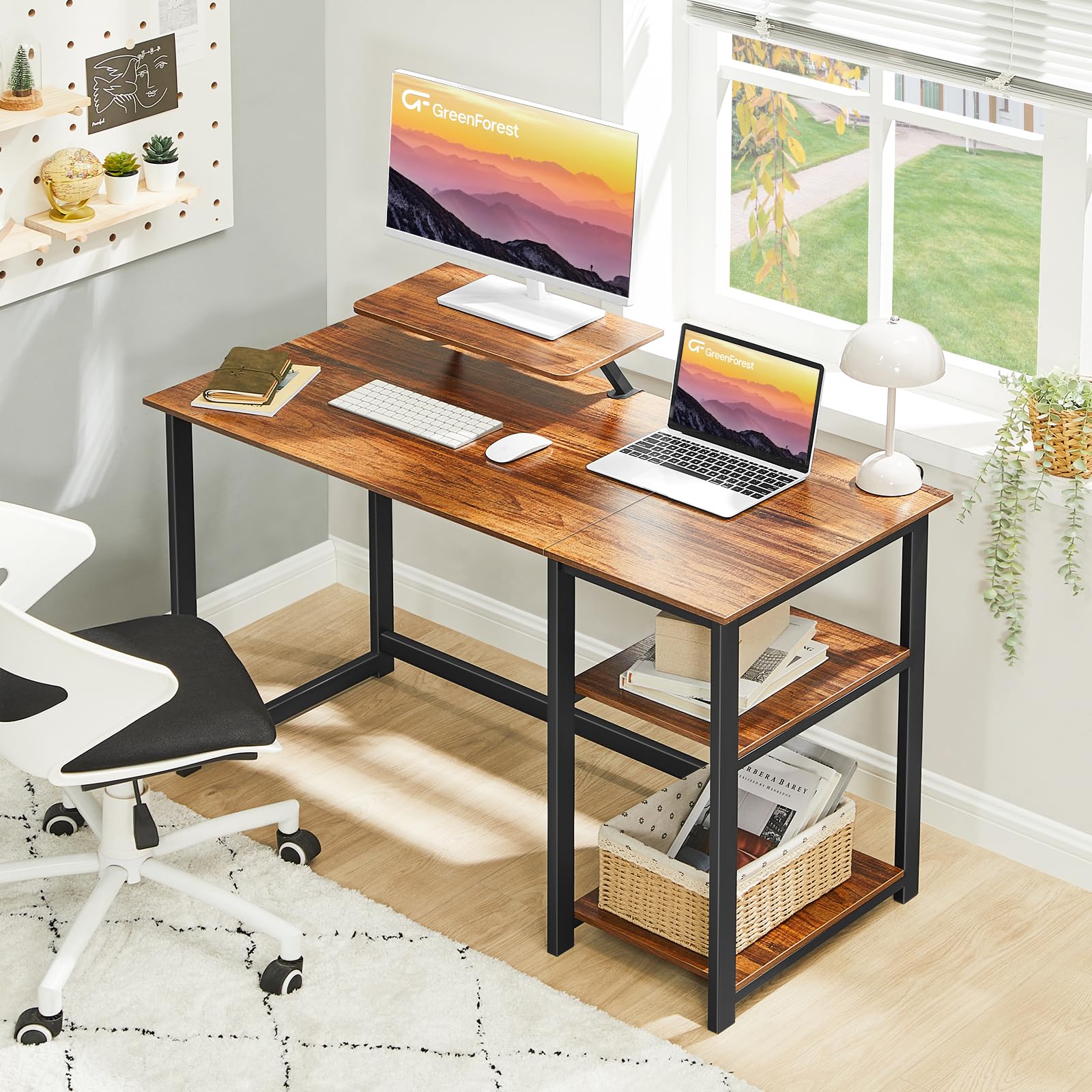 GreenForest 47-inch Computer Desk with Monitor Stand - Modern Home Office Desk with Reversible Storage Shelves, Study Writing Work Table, Easy Assembly, Walnut Finish - Perfect for Small Spaces & Remote Work Setup
