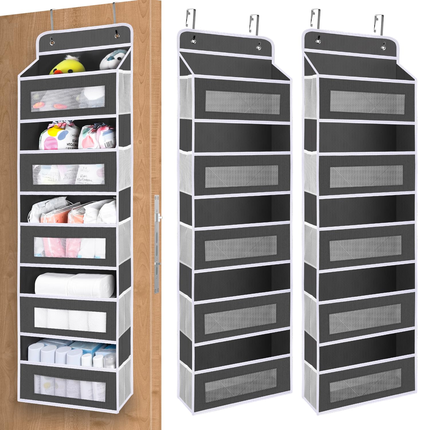 Over The Door Organizer Storage - 5-Shelf Hanging Door Organizer with 10 Large Pockets, Holds 48 lbs, Anti-Tilt Design for Bedroom, Bathroom & Pantry (Dark Gray, 2-Pack) - Perfect for Organizing Shoes, Toys, Towels & Cleaning Supplies