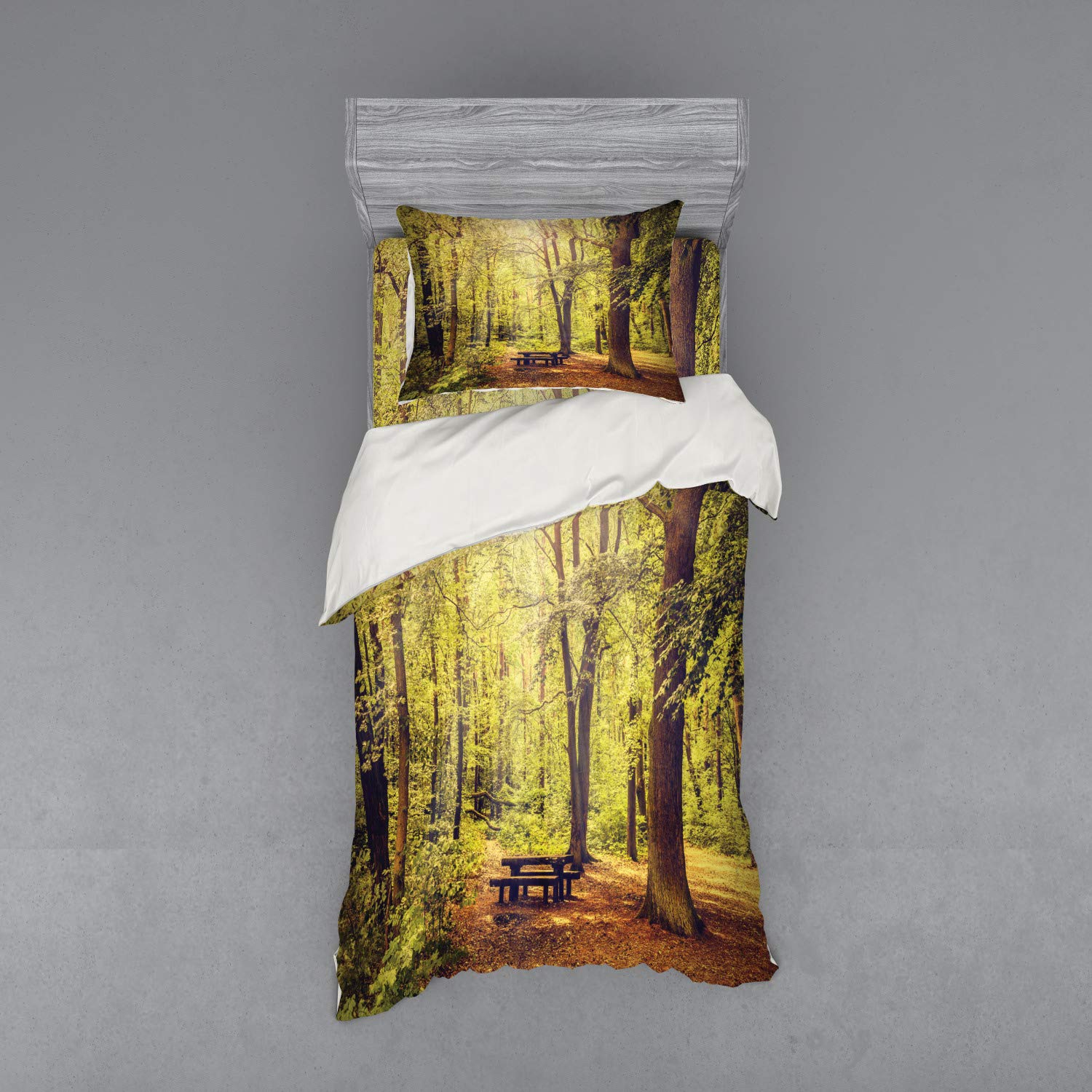 Ambesonne Forest Bedding Set - 3 Piece Duvet Cover with Sham & Fitted Sheet, Twin XL Size, Green Brown Nature Theme for All Seasons | Perfect for Cozy Bedrooms, Cabin Retreats & Nature-Inspired Home Decor