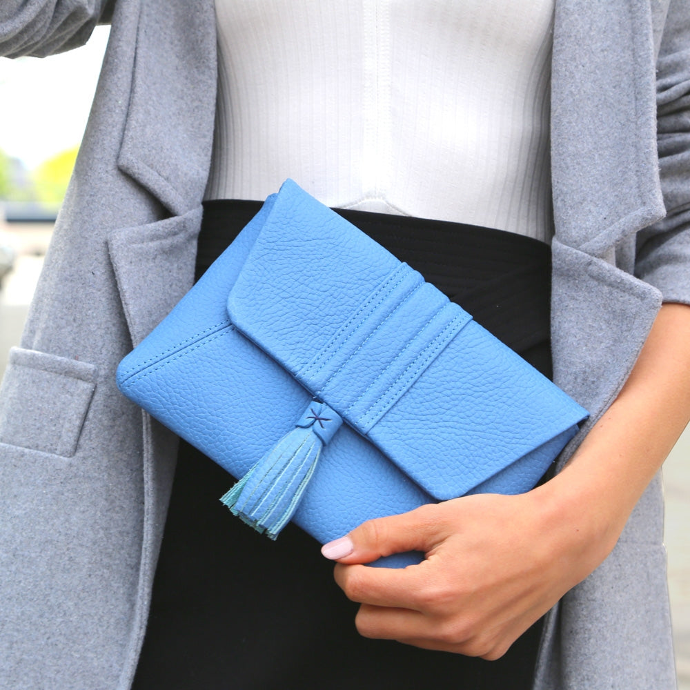 Ava Clutch Cornflower Pebble Grain Leather Crossbody Bag for Women - Elegant Evening Purse for Parties, Weddings & Date Nights