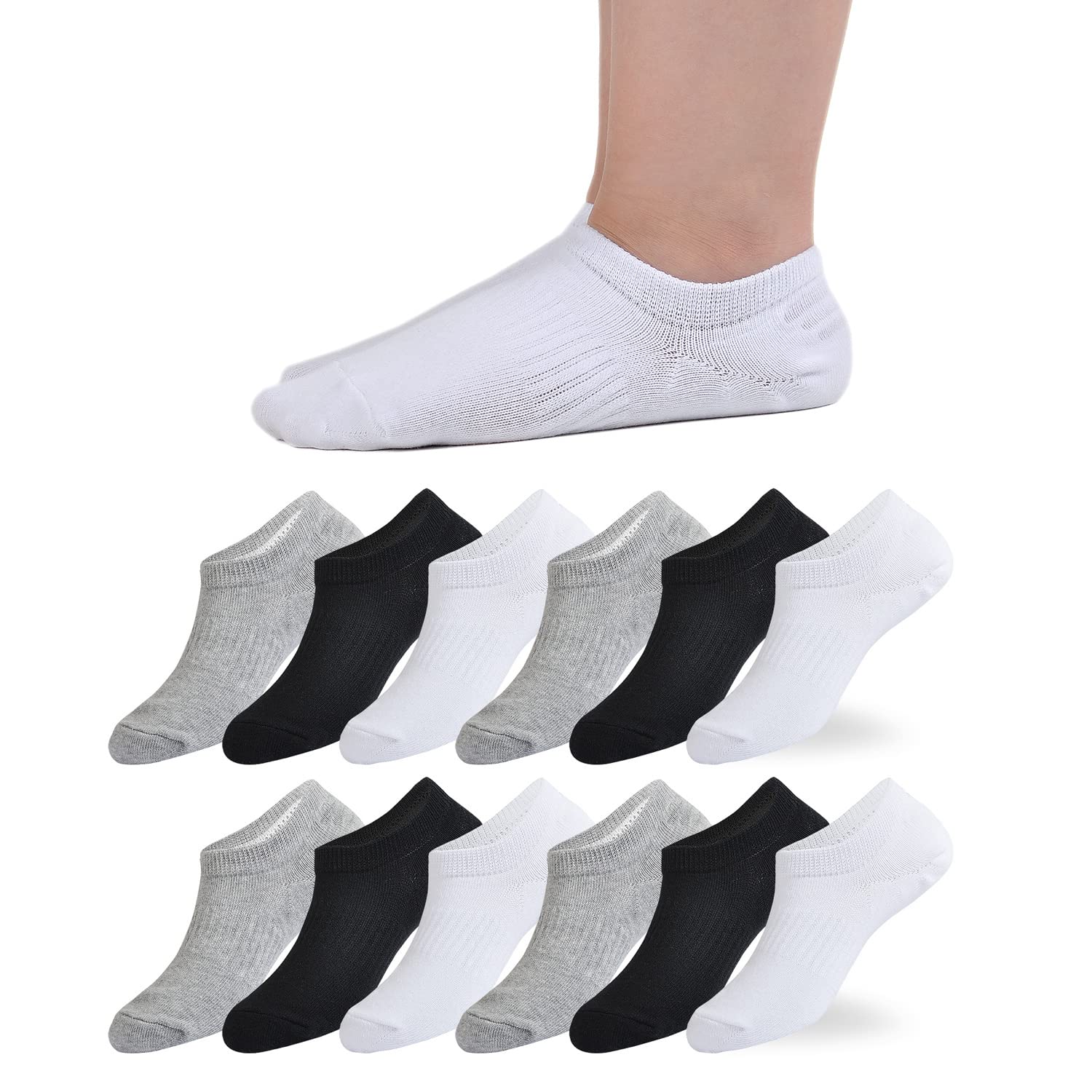 EPEIUS Kids No Show Socks for Girls & Boys - 6/12 Pack Low Cut Cotton Non-Slip Socks - Perfect for School, Sports & Everyday Wear