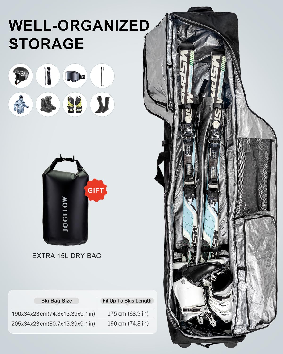 360° Padded Ski Bag with Wheels - 1200D Waterproof & 10mm Pearl Cotton Protection - Fits 1-2 Pairs of Skis - Durable Roller Ski Bag for Air Travel & Winter Sports Gear Storage