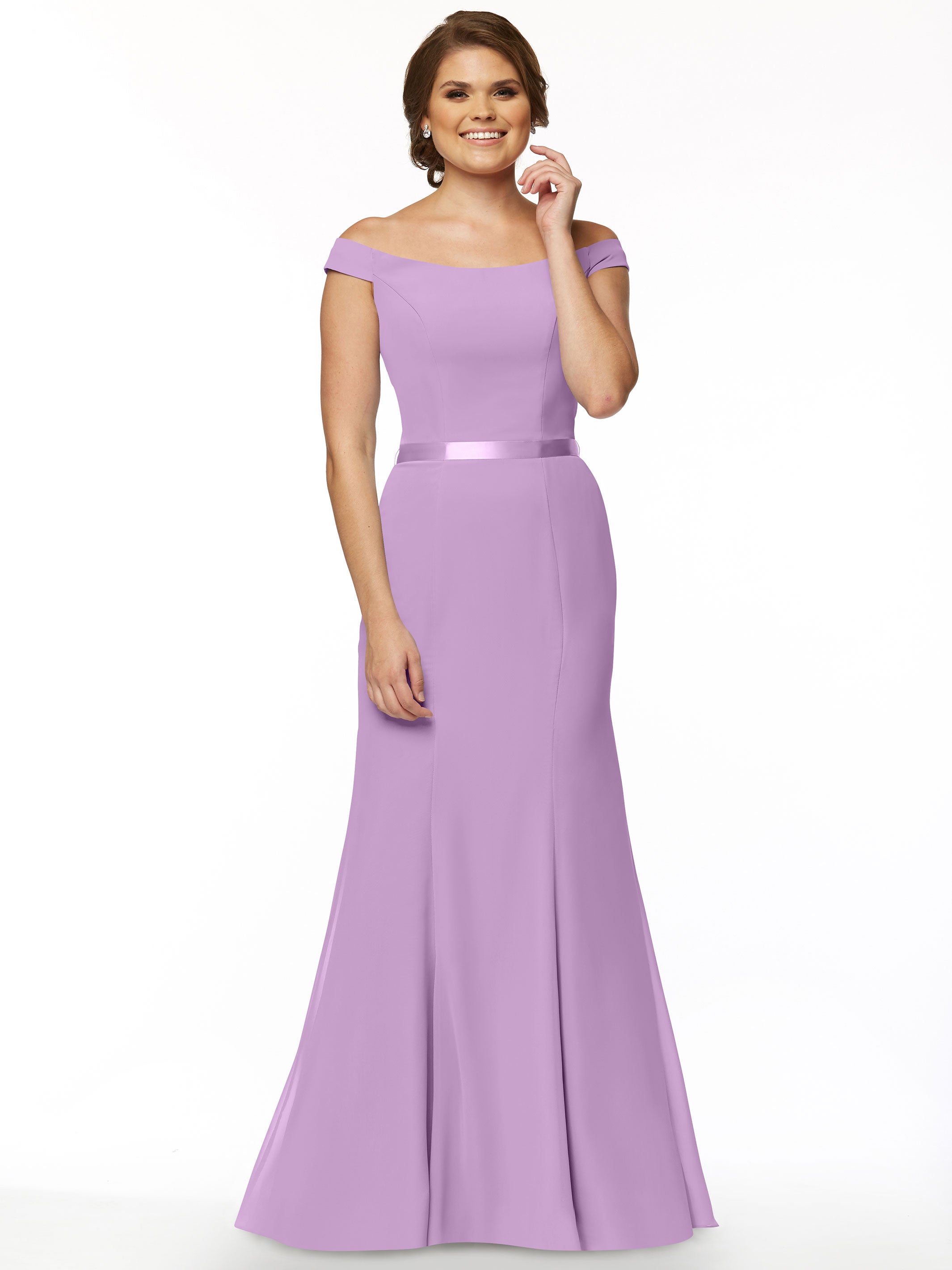 Elegant Off-The-Shoulder Chiffon Bridesmaid Dress with Ribbon Belt - Flowy Fit & Flare Design for Weddings, Parties & Special Occasions | Style #80079