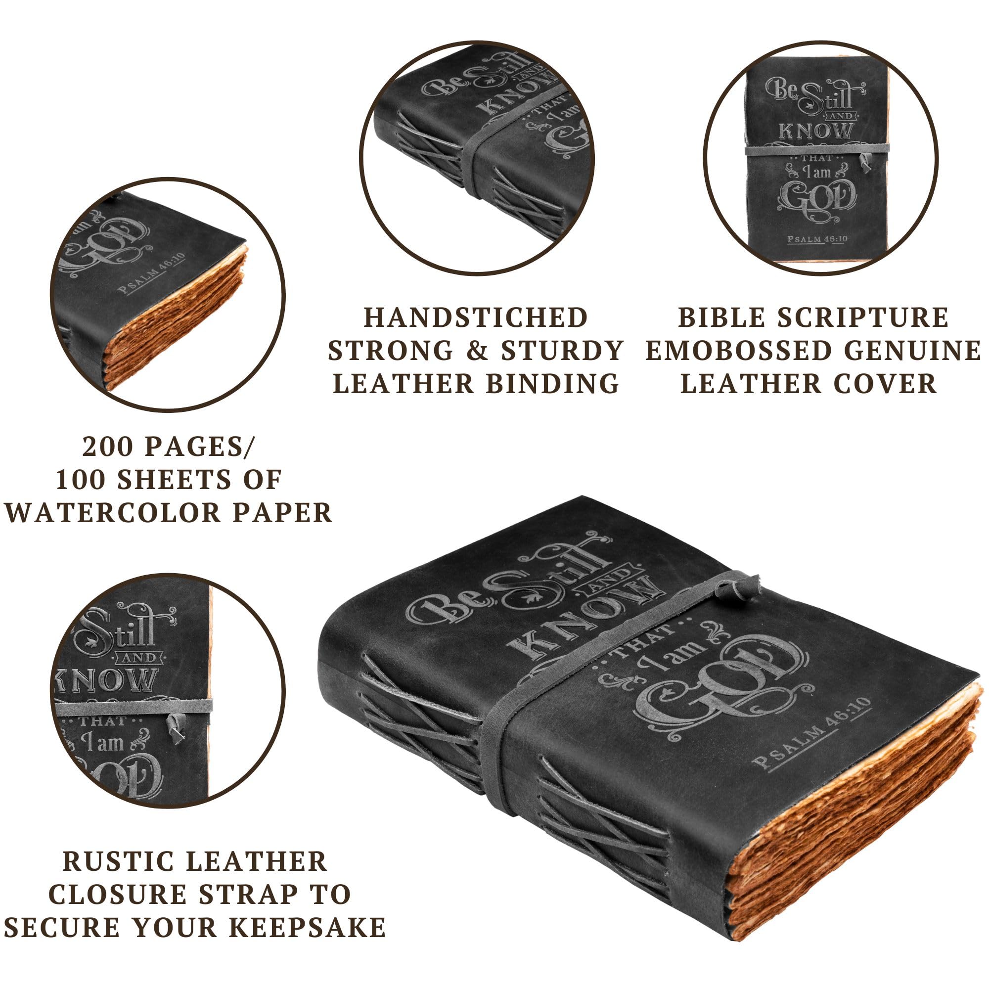 LEATHER VILLAGE Prayer Journal with Psalm 46:10 Embossed Cover - 8x6 Inch Leather Bound Bible Study Notebook - 200 Pages Handmade Cotton Deckle Edge Paper in Grey - Perfect for Daily Devotion, Scripture Reflection & Christian Gift Giving