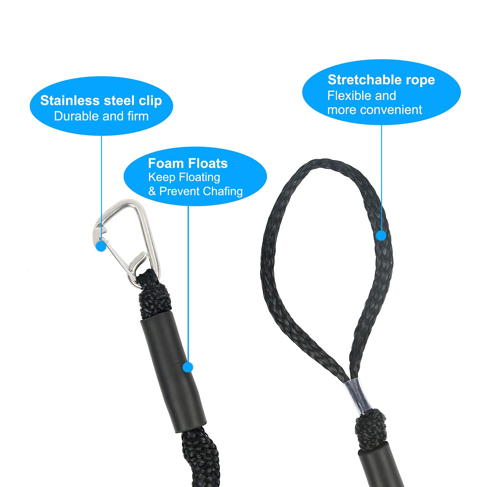 Boat Bungee Dock Lines 4 Pack - Marine Rope for Pontoon & Kayak - Black