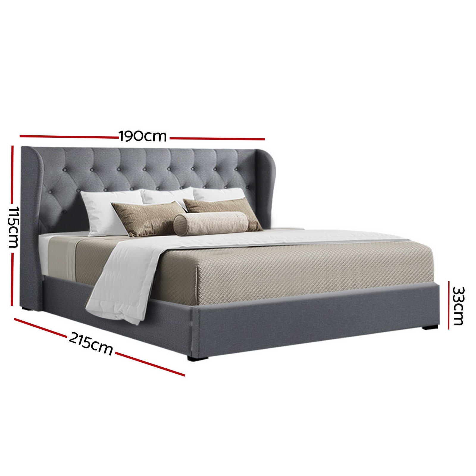 Elouera King Size Bed Frame with Gas Lift Storage - Grey | Modern Platform Bed with Underbed Storage for Small Spaces | Perfect for Bedroom, Guest Room, Apartment