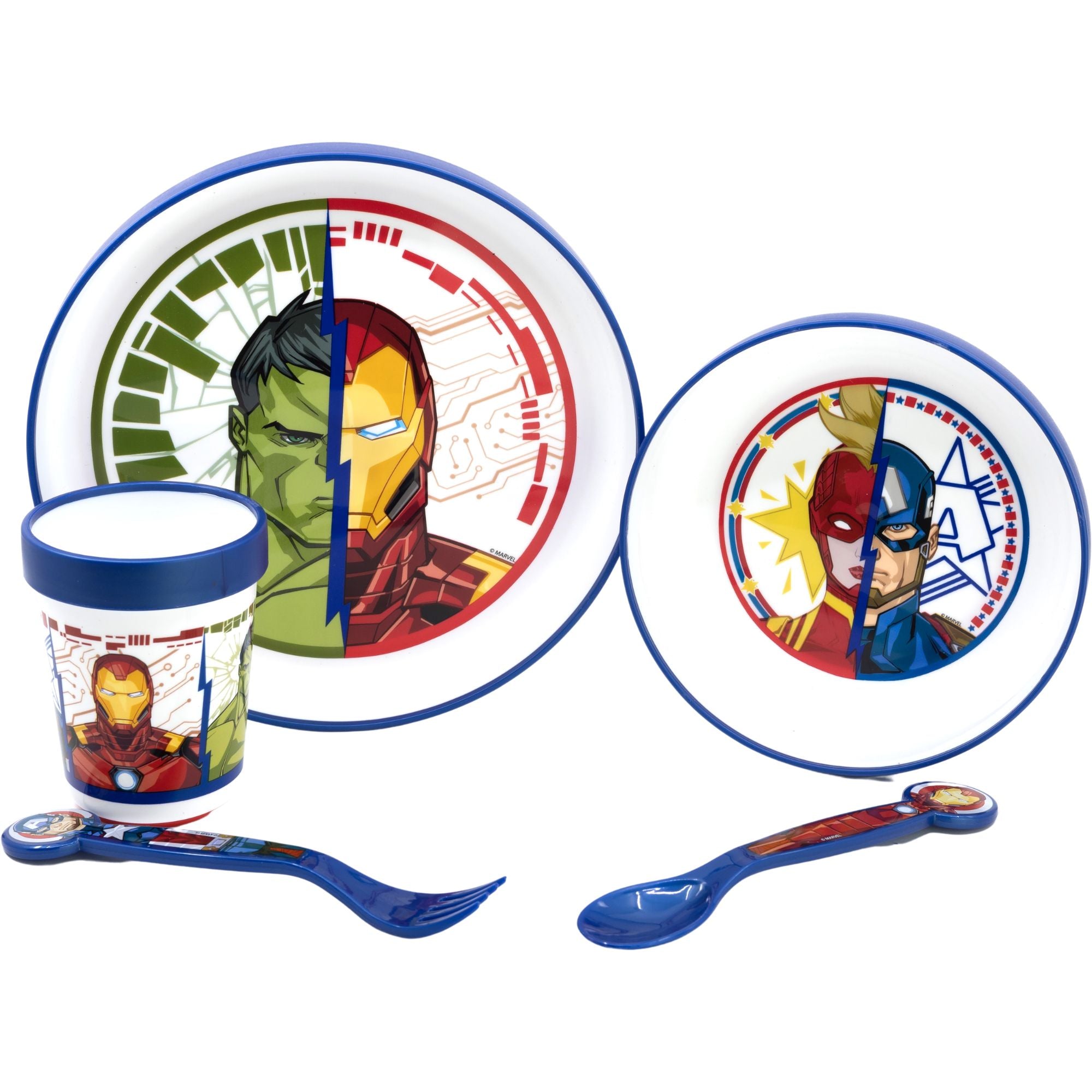 Disney Marvel Avengers 5-Piece Non-Slip Bicolor Premium Kids Tableware Set - Fork, Spoon, Knife, Plate & Bowl (MV39021) | Durable Dishwasher Safe Children's Dinnerware for Home, School & Travel