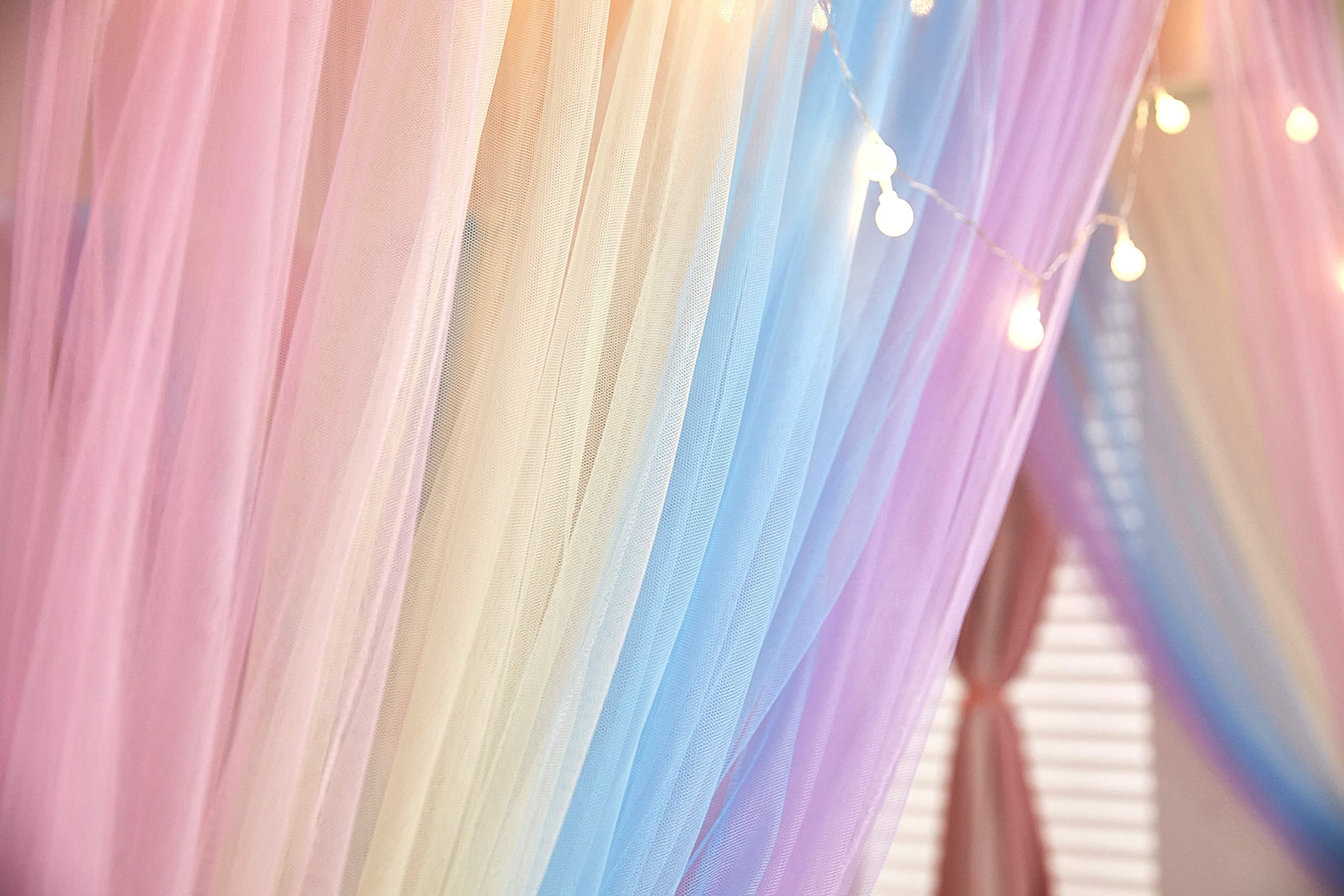 Rainbow Canopy Bed Curtains with LED Lights - 8 Panel Bed Drapes Netting for Twin Size Beds, Dreamy Bedroom Decor for Girls & Adults - Perfect for Romantic Nights, Boho Bedroom Makeover and Cozy Reading Nook