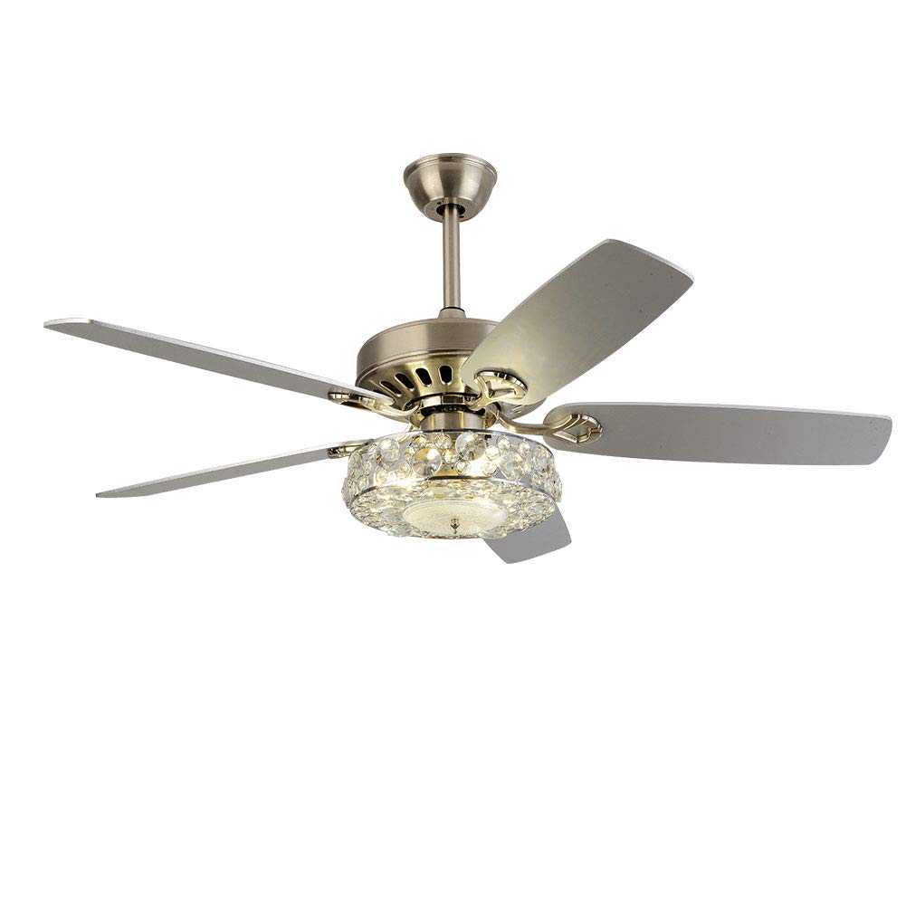 WUPYI 52 Inch Modern Crystal Ceiling Fan with Light, 5 Reversible Blades, 3 Speed Settings, Remote Control - Silver Finish for Living Room, Bedroom, and Home Decor