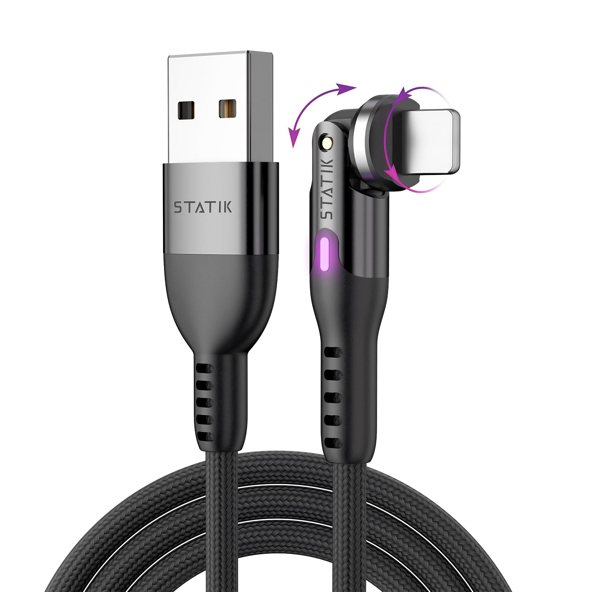 Statik PowerPivot USB to Lightning Cable 10W Fast Charger & Data Sync for iPhone iPad - 360° Rotating Head, 6FT/2M 3-Pack - Perfect for Home, Office & Travel Charging Needs