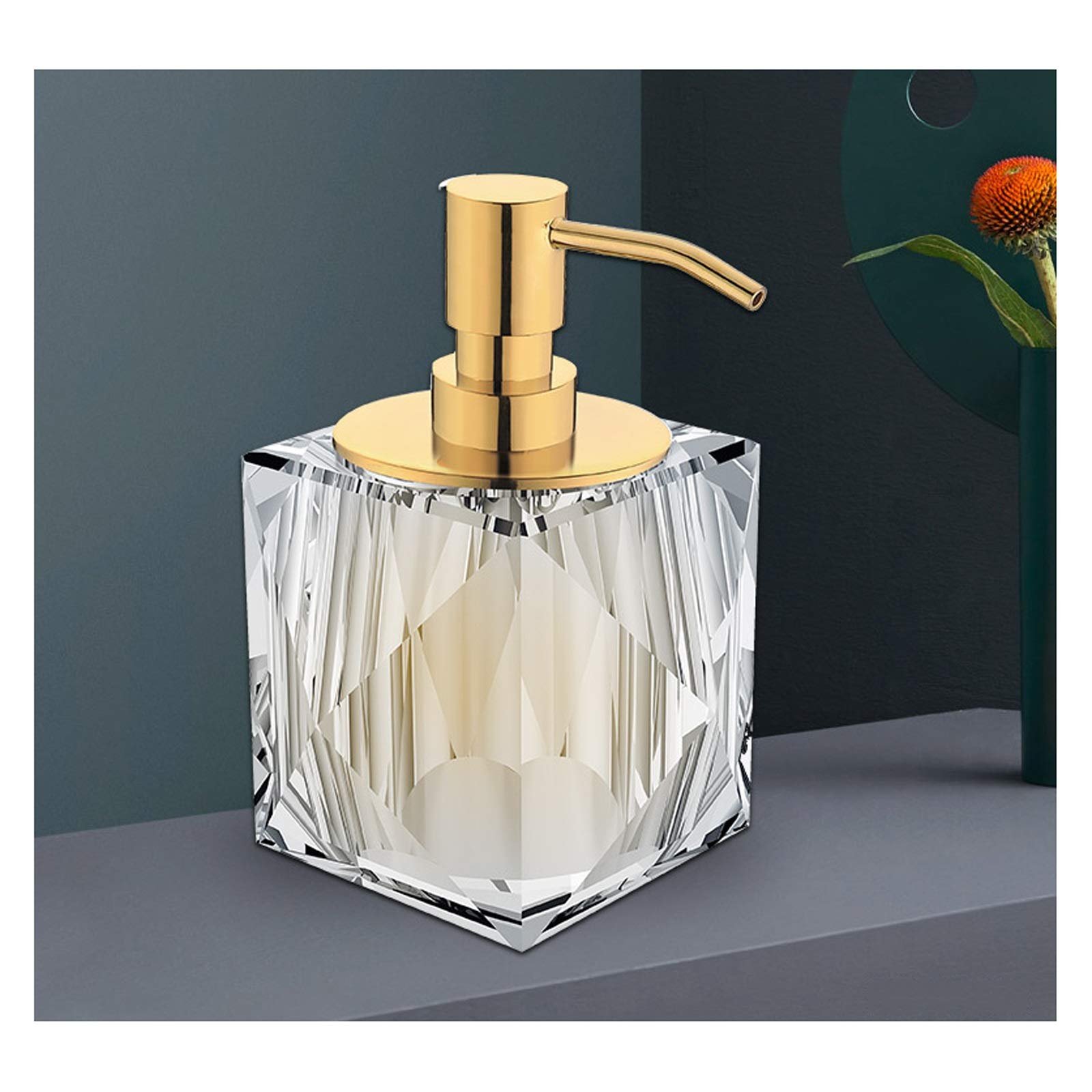 Premium 250ml/8.8oz Crystal Glass Soap Dispenser with 10-Grade Electroplated Gold Pump - Elegant Square Design for Bathroom, Kitchen & Vanity - Luxury Lotion Bottle for Liquid Soap, Hand Wash & Shampoo