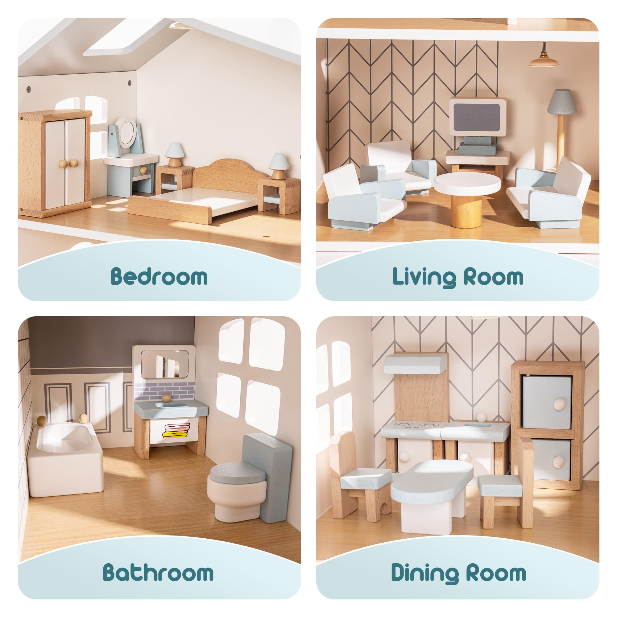 ROBUD 23-Piece Wooden Dollhouse Furniture Set - Miniature Doll Accessories with 5 Room Kits, Pretend Play Toys for Boys & Girls Ages 3+ | Perfect for Imaginative Play, Gift Giving & Home Decor