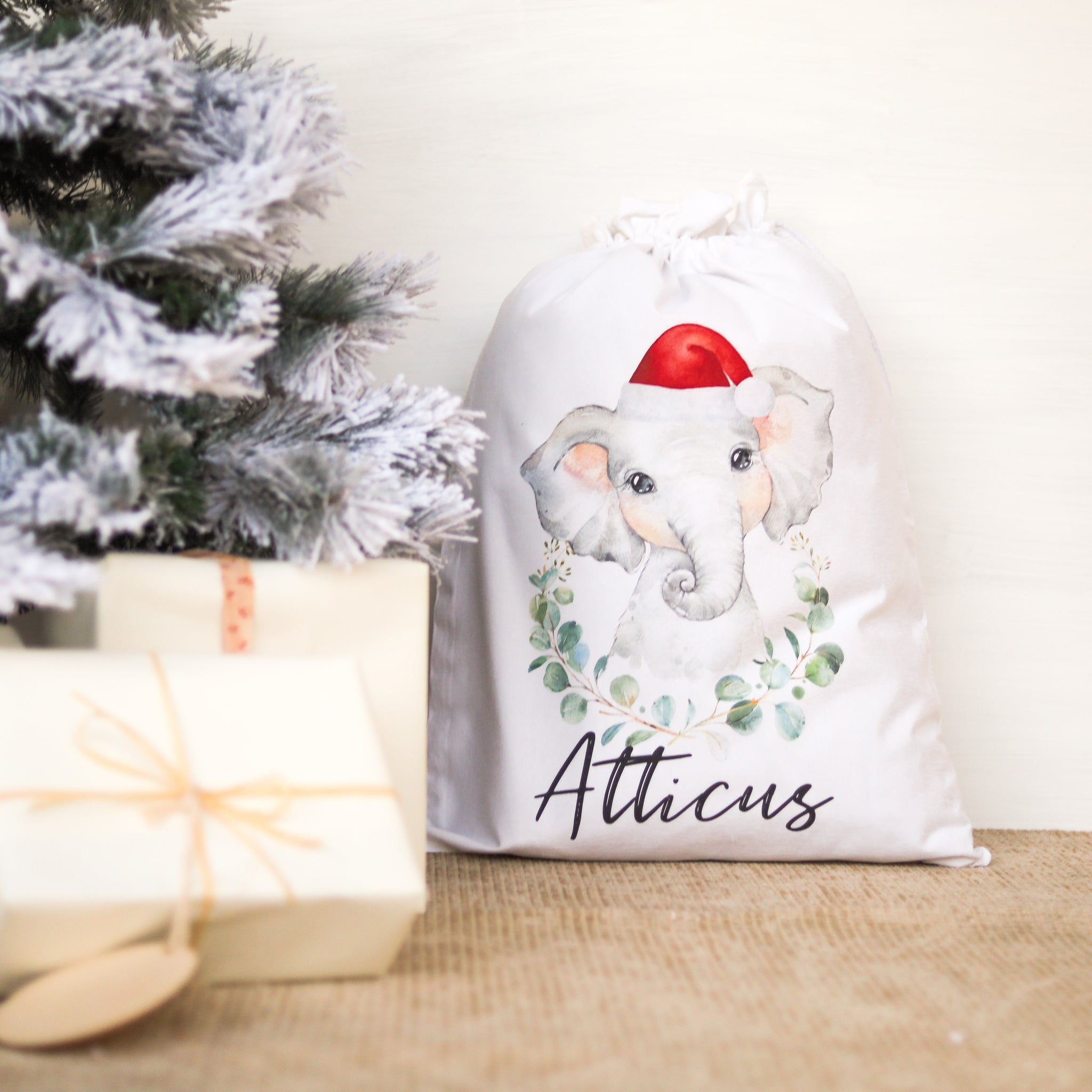 Personalized Santa Sack with Elephant Design - Custom Name Christmas Gift Bag for Kids, Holiday Stocking Stuffers & Festive Party Favors