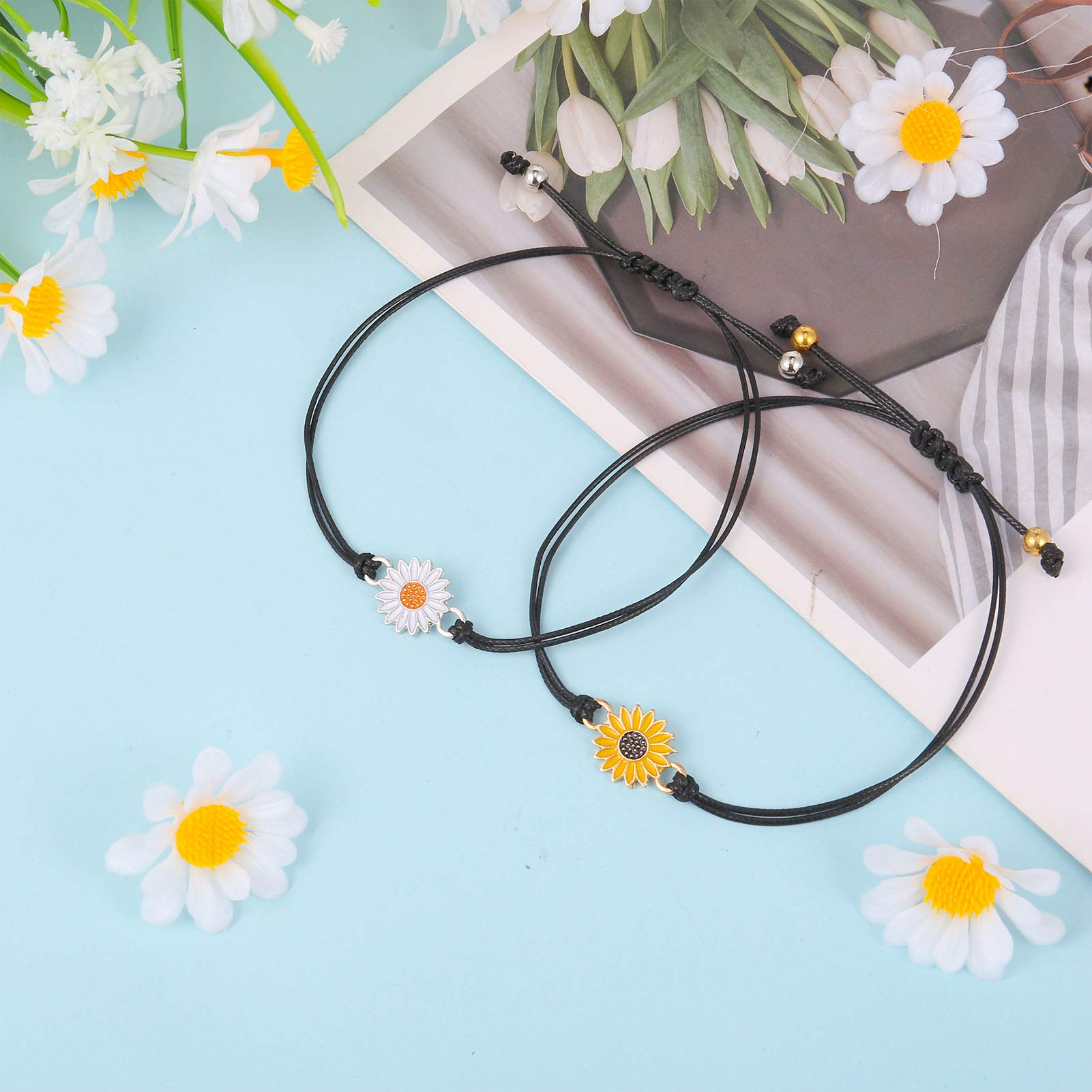 Fuyamp 4 Pcs Handmade Sunflower Friendship Bracelets with Blessing Cards - Cute Promise Bracelets for Women, Girls, Couples & Best Friends | Perfect for Gifts, Anniversaries & Special Occasions
