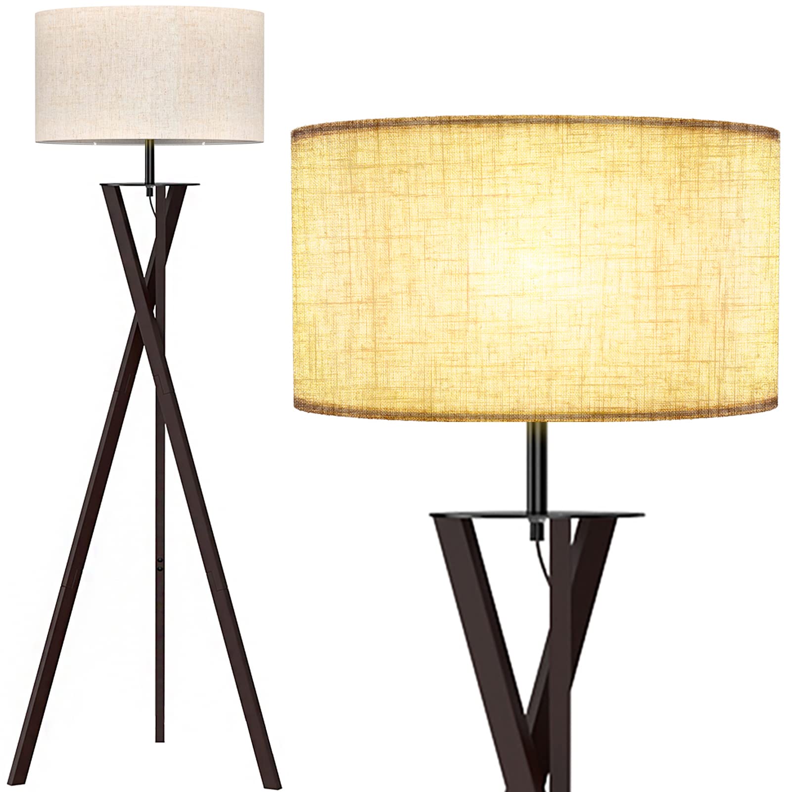 LEPOWER Mid Century Wood Tripod Floor Lamp with Flaxen Shade & E26 Base - Modern Standing Light for Living Room, Bedroom, Office | Perfect for Reading Nook, Home Decor & Workspace Lighting